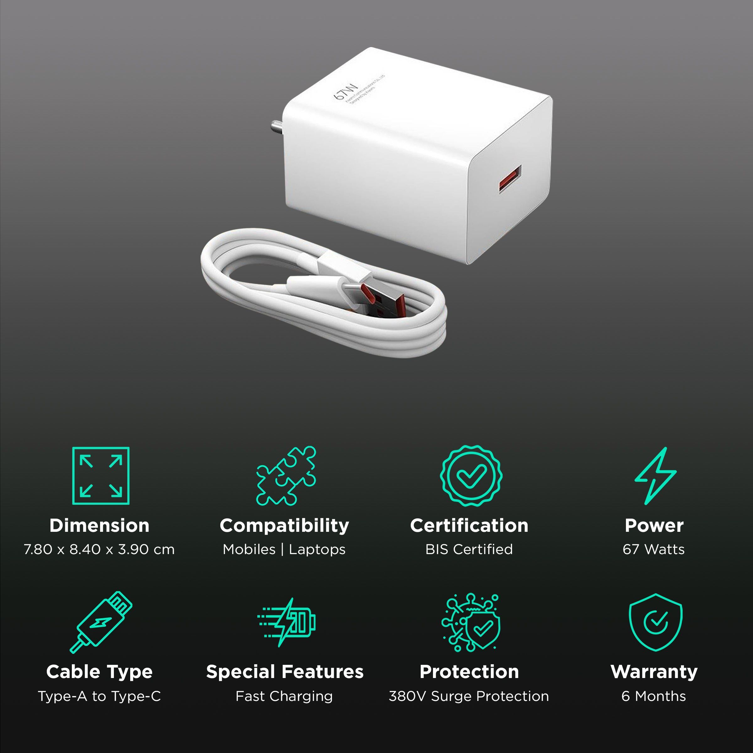 Mi SonicCharge 3. Combo 67W Type A Fast Charger (Type A to Type C Cable, Quick Charge 3., White)_2