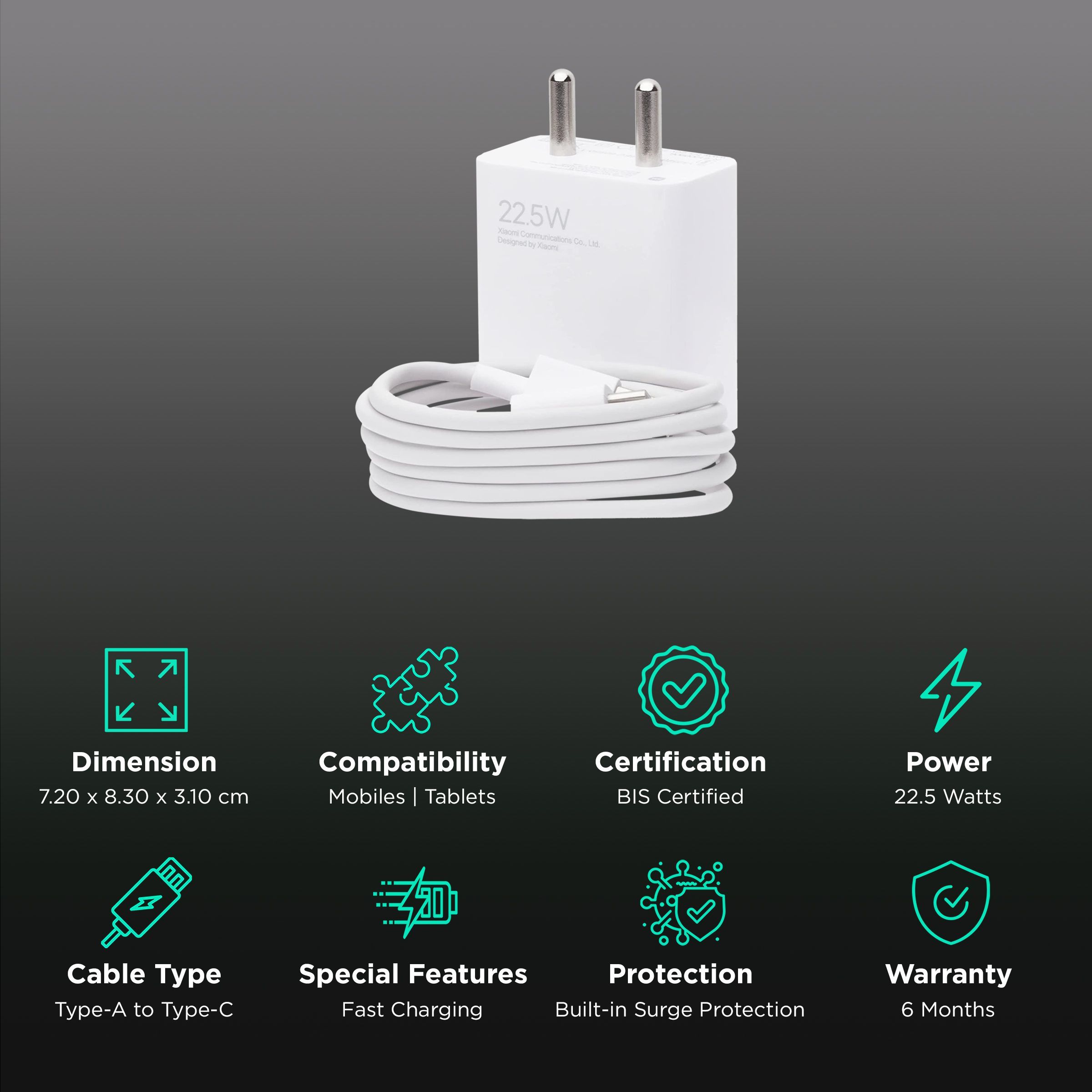 Xiaomi 22.5W Type A Fast Charger (Type A to Type C Cable, Qualcomm Quick Charge 3., White)_2