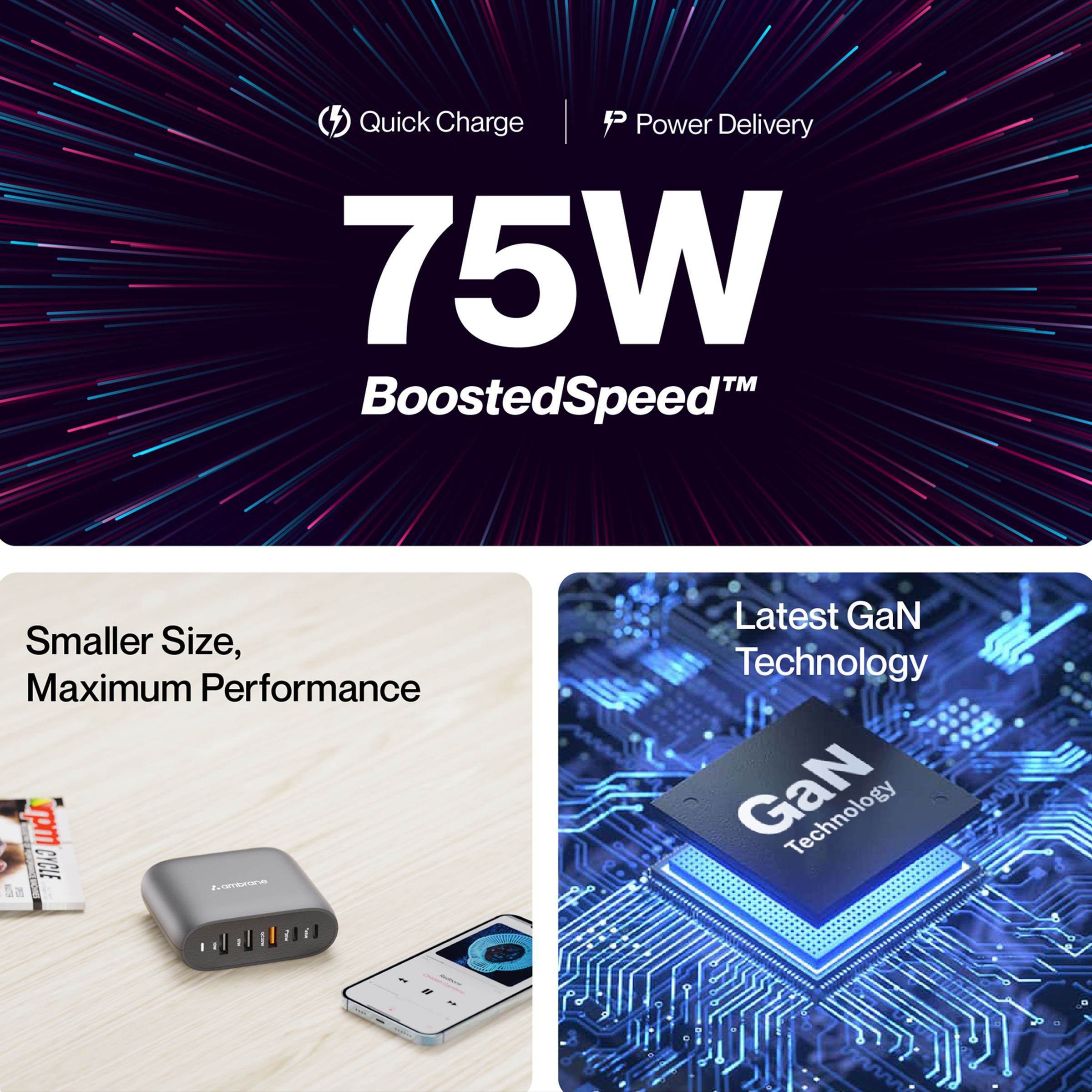 ambrane RAAP HUB 75W Type A & Type C 5-Port Fast Multi-Port Charger (Adapter Only, Intelligent Current Detection, Black)_8