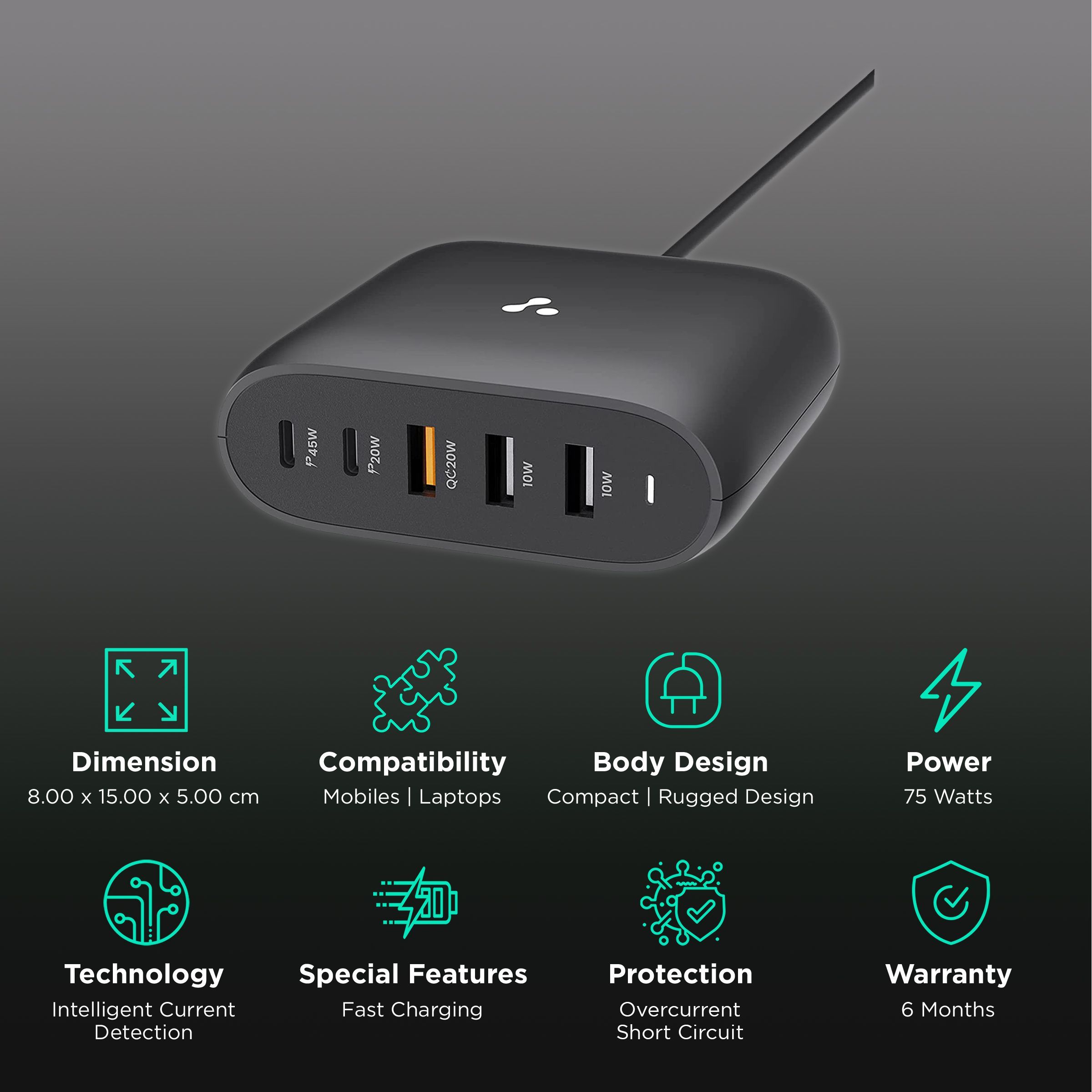 ambrane RAAP HUB 75W Type A & Type C 5-Port Fast Multi-Port Charger (Adapter Only, Intelligent Current Detection, Black)_2