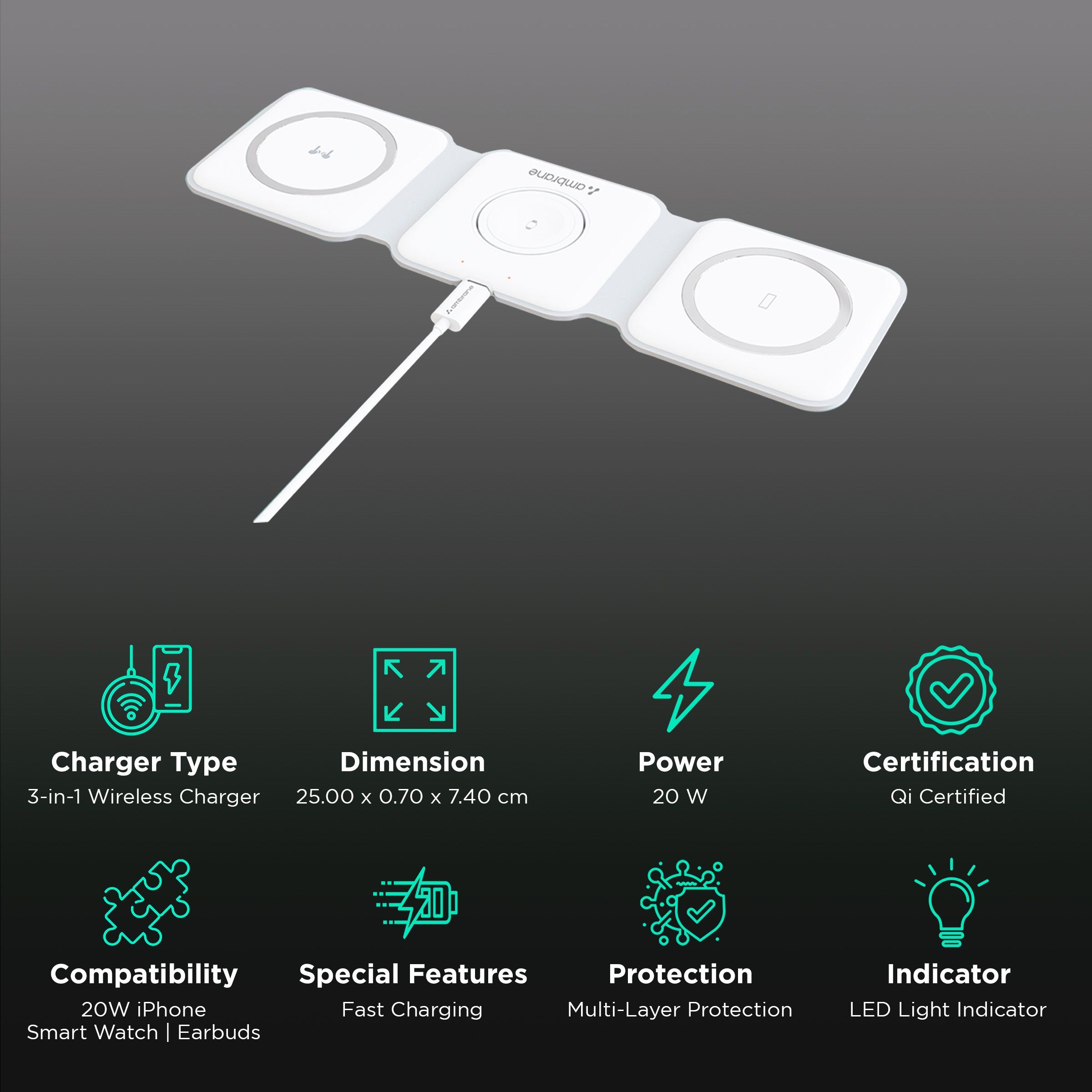 ambrane Aerosync Tripad 20W 3-in-1 Wireless Charger for iPhone 12 & Above, Smart Watch and Earbuds (Qi Charging, White)_2