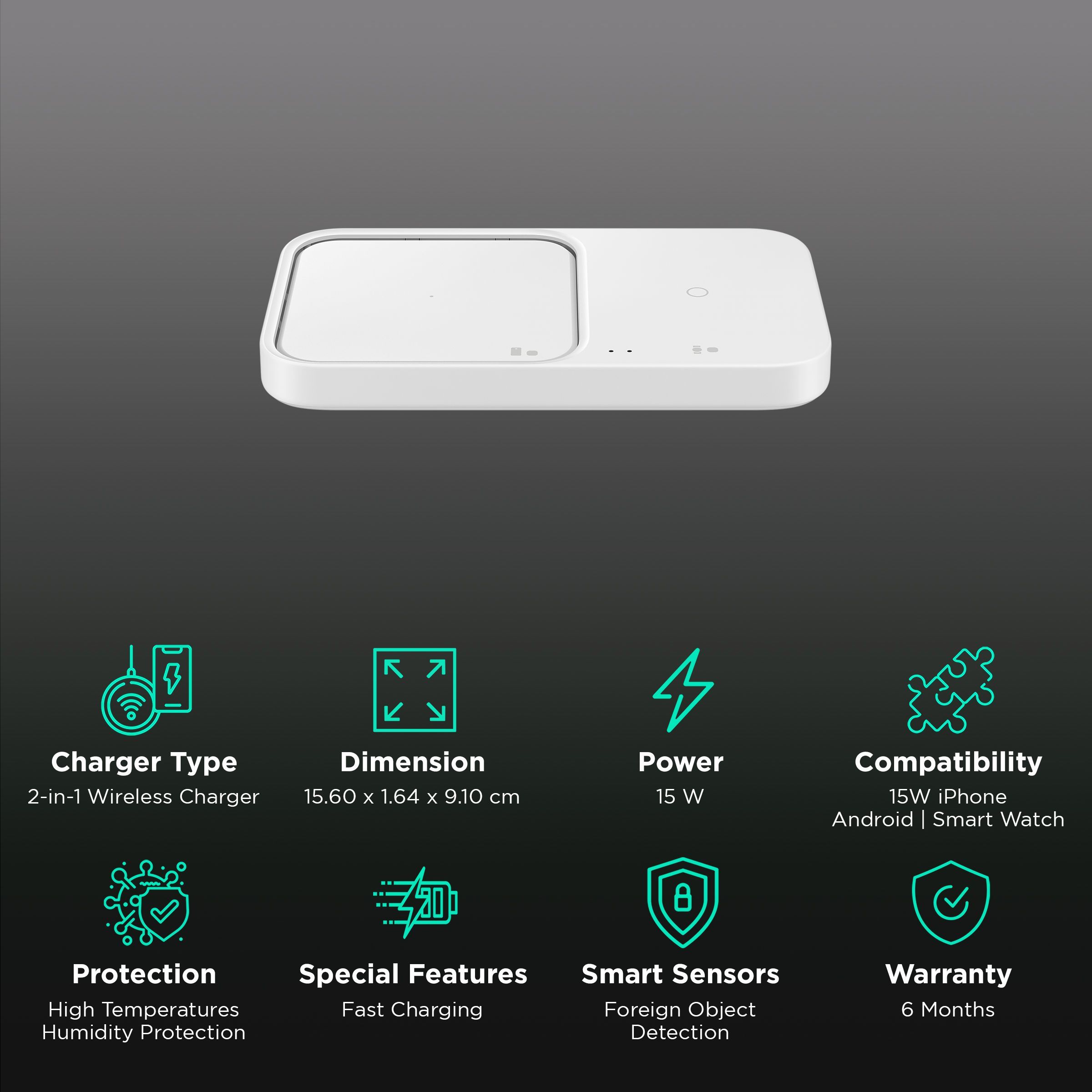 SAMSUNG Duo 15W 2-in-1 Wireless Charger for iOS, Android, Smart Watch (Adaptive Charging, White)_2