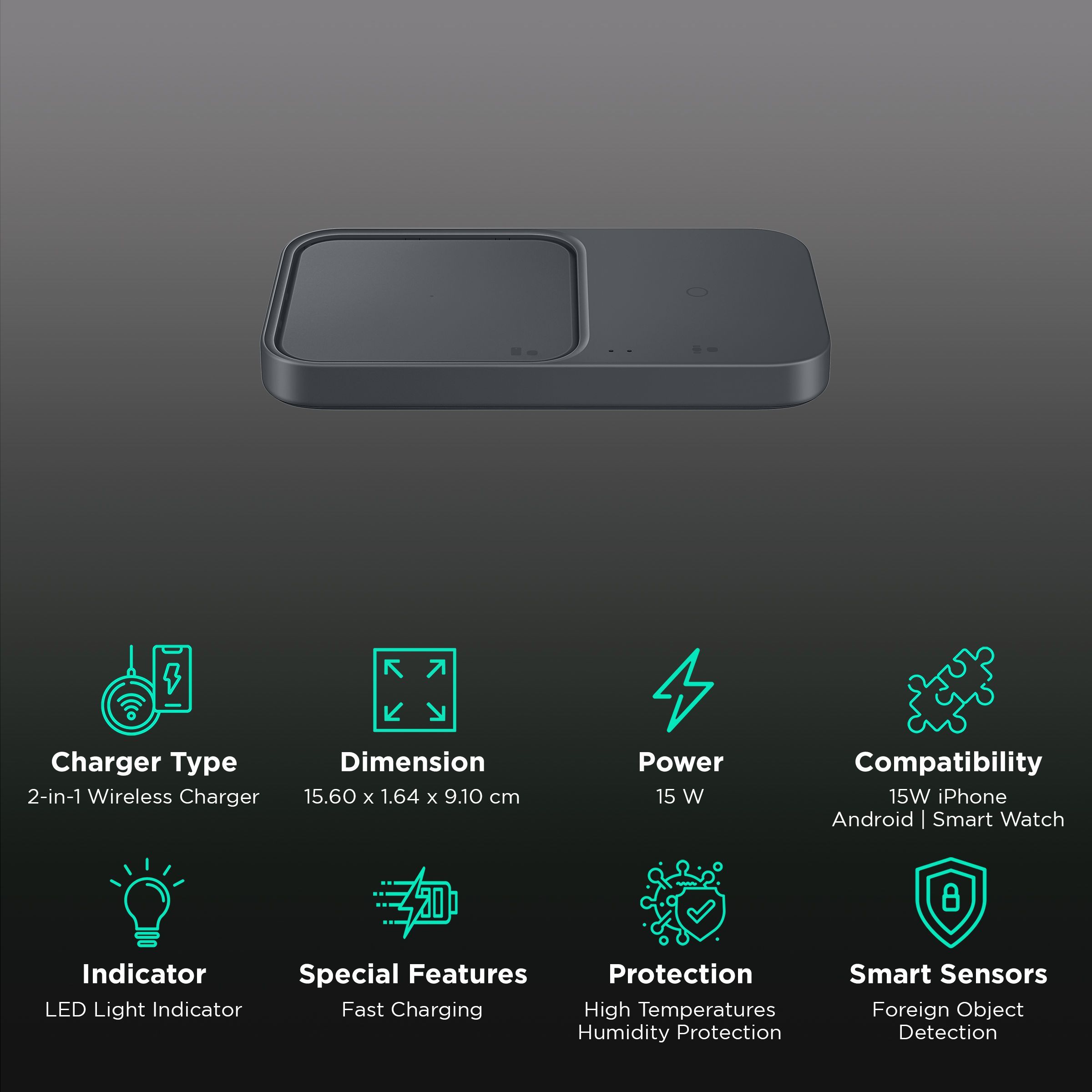 SAMSUNG Duo 15W 2-in-1 Wireless Charger for iOS, Android, Smart Watch (Adaptive Charging, Dark Gray)_2