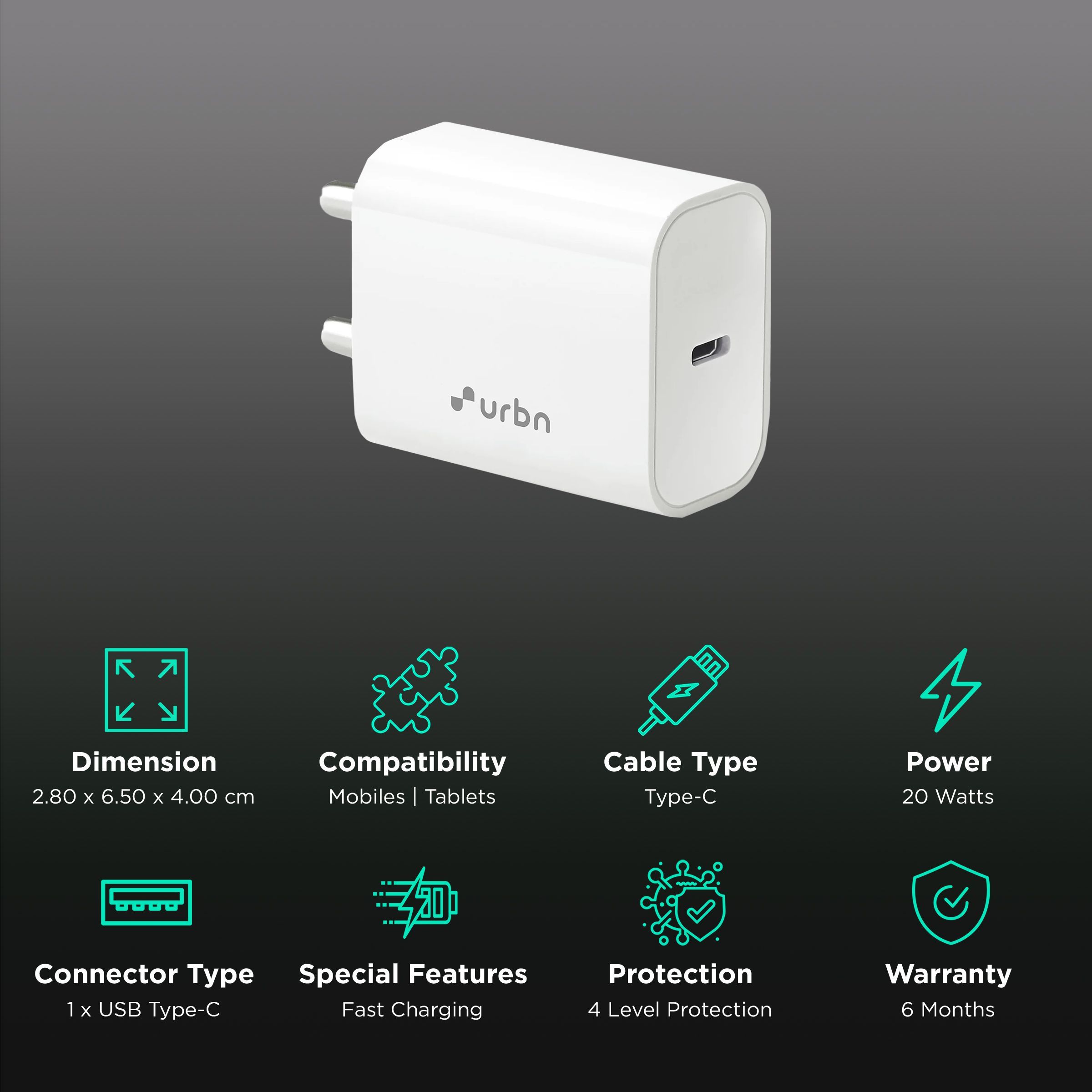 urbn 20W Type C Fast Charger (Adapter Only, 4 Level Protection, White)_2