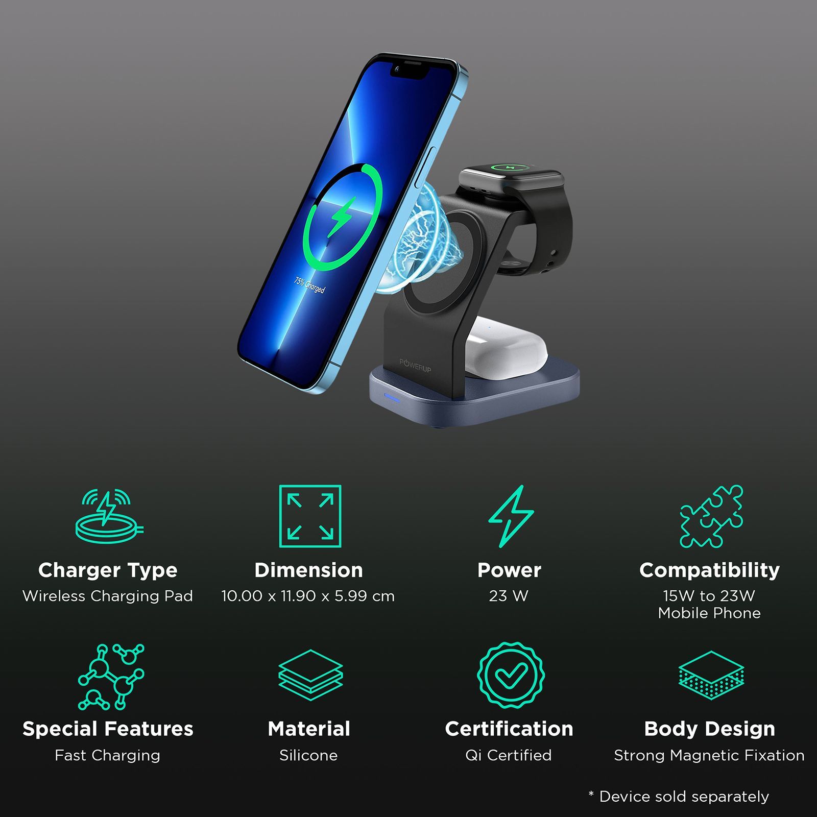 POWERUP 23W 3-in-1 Wireless Charger for iPhone, Air pods and Apple Watch (Qi Certified, Foldable Design, Black)_2