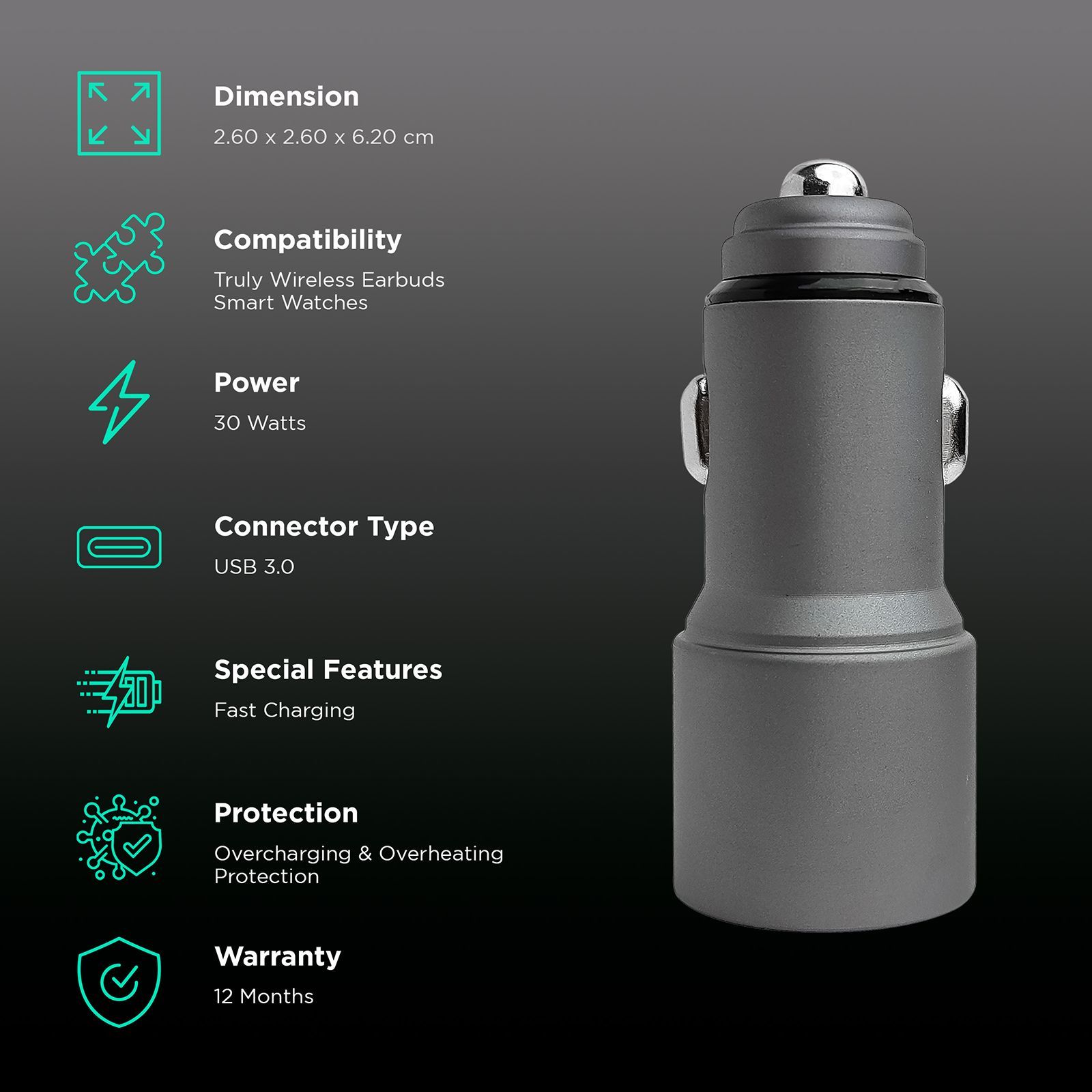 Croma 30 Watts 2 USB Ports Car Charging Adapter (Overcharging Protection, Metal Grey)_2