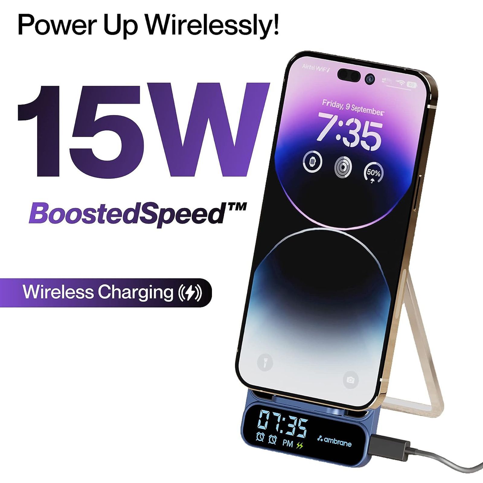 ambrane Powerpod Pro 15W Wireless Charger for iOS, Android, Earbuds and Smart Watch (Smart Power Management, Blue)_2