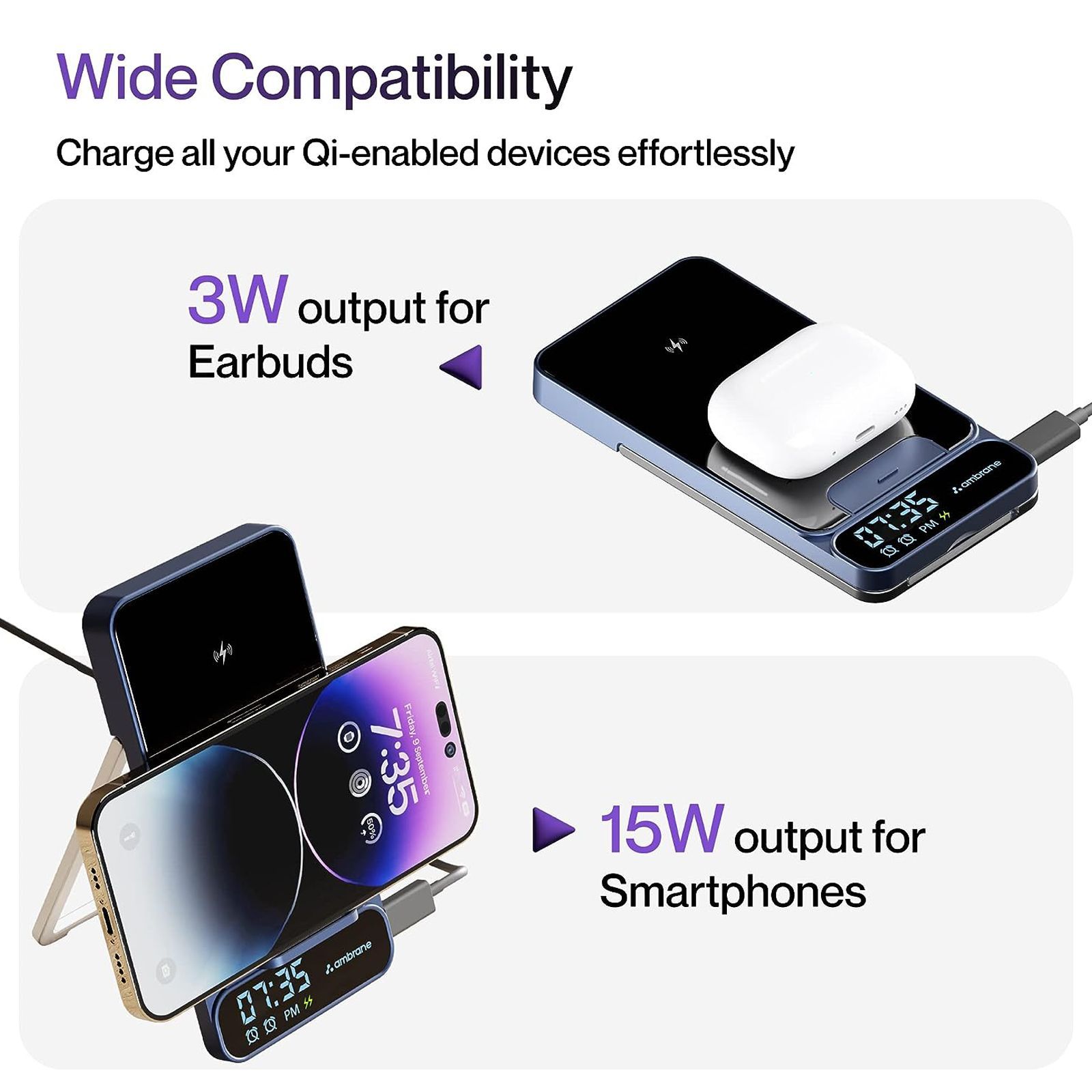 ambrane Powerpod Pro 15W Wireless Charger for iOS, Android, Earbuds and Smart Watch (Smart Power Management, Blue)_4