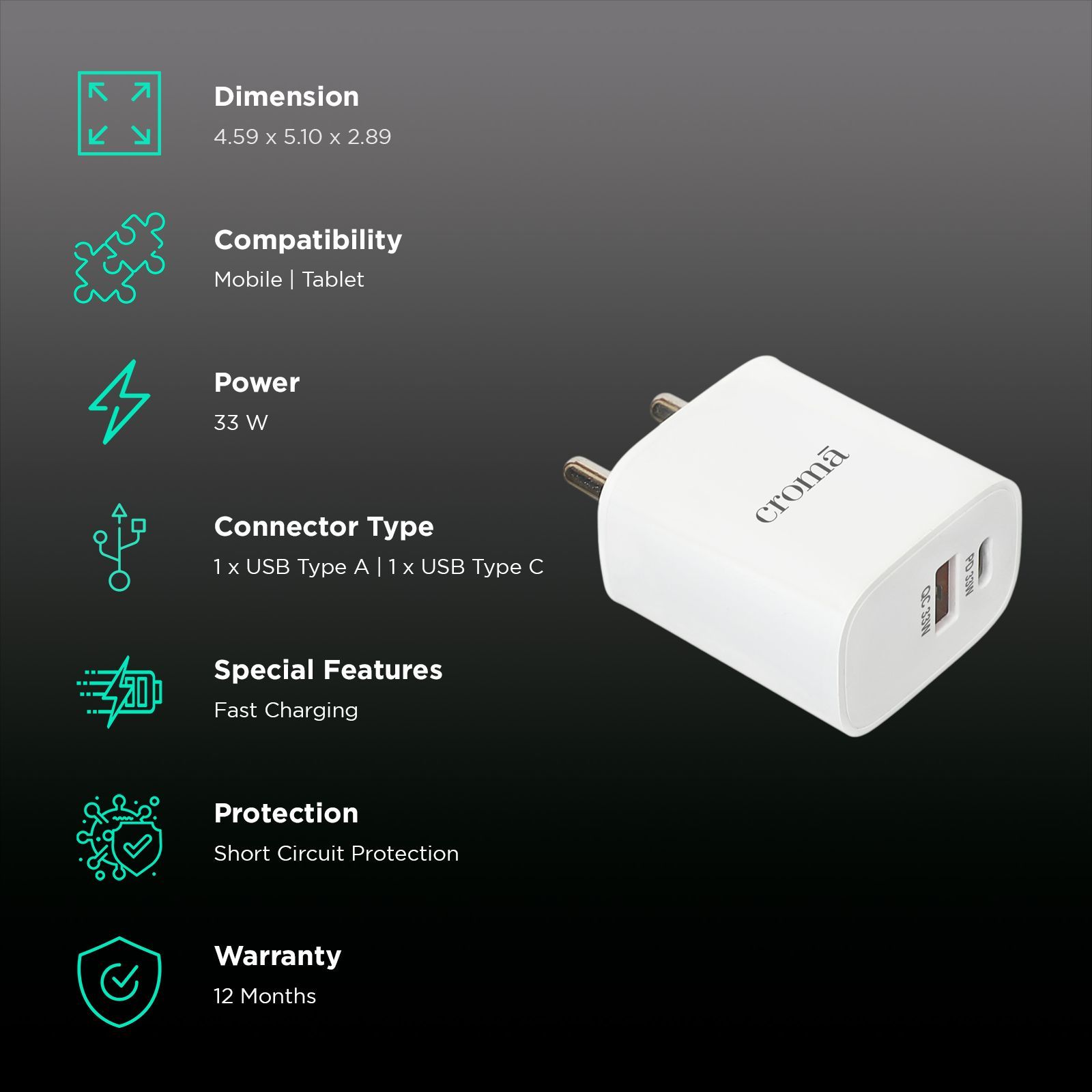 Croma CRSP33WCAA296301 33W Type A & Type C 2-Port Fast Charger (Type C Cable Included, Short Circuit Protection, White)_2