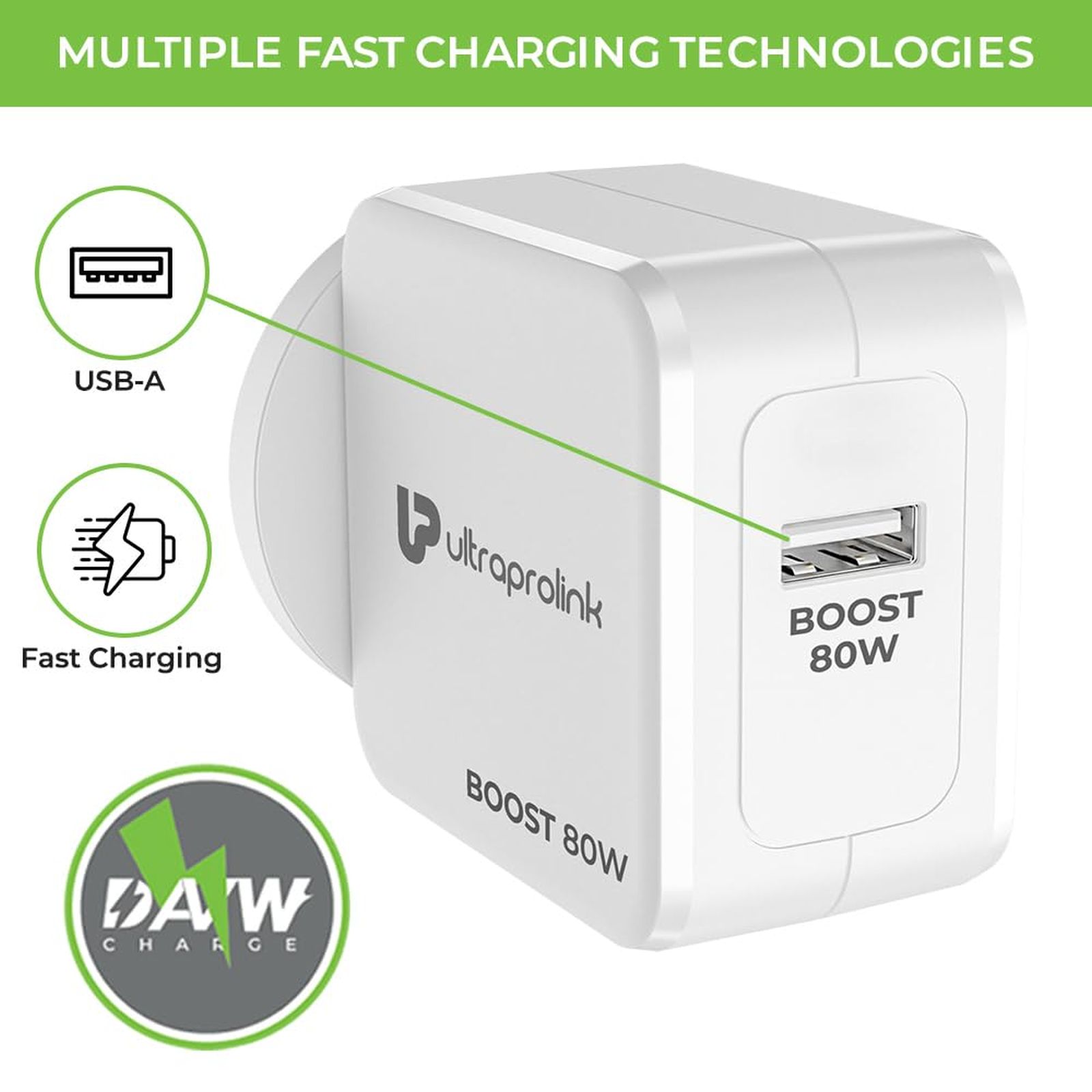 ultraprolink Boost 80W Type C Fast Charger (Type A to Type C Cable, Short Circuit Protection, White)_6