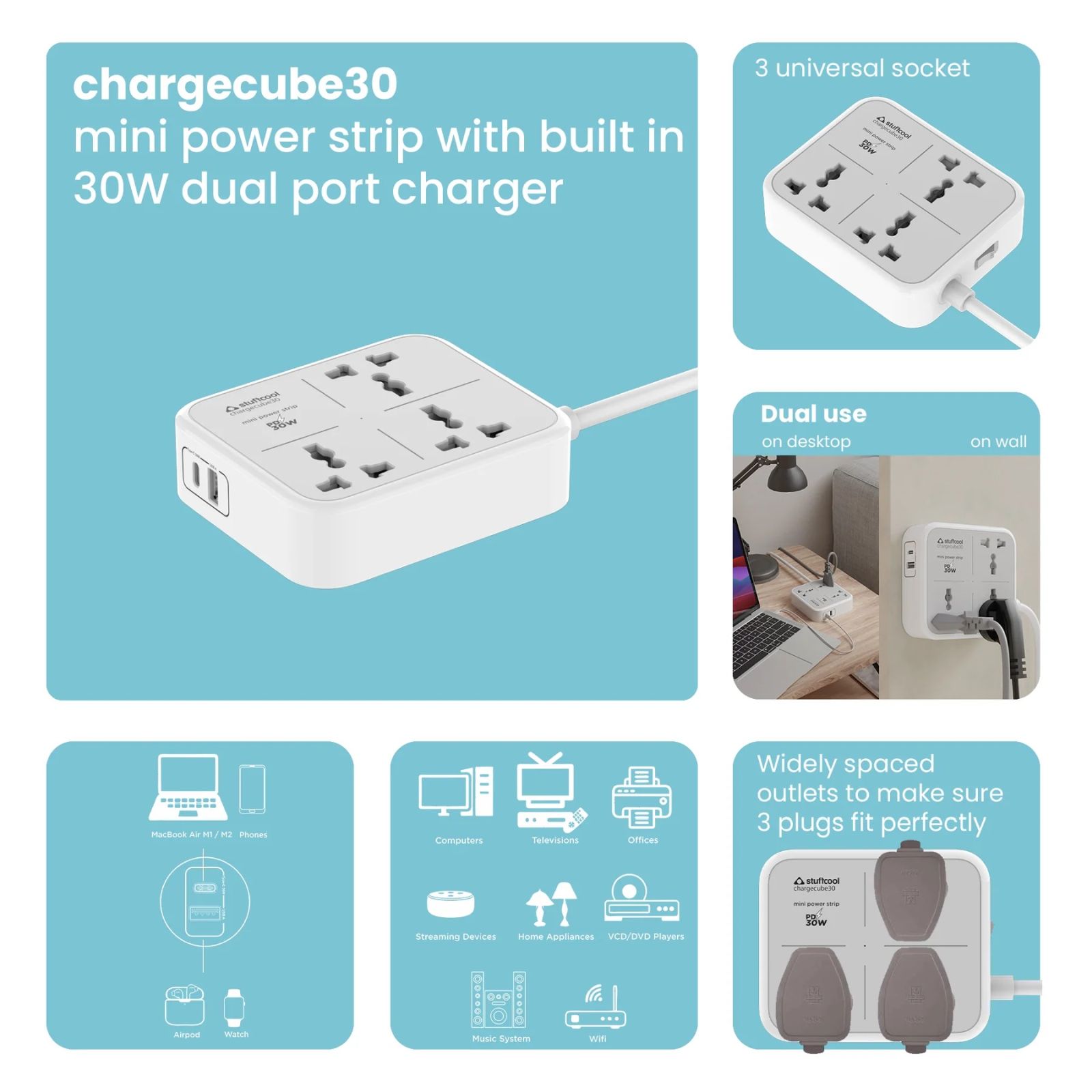stuffcool ChargeCube30 1500 Amps Power Strip (Universal Plug Points, White)_3
