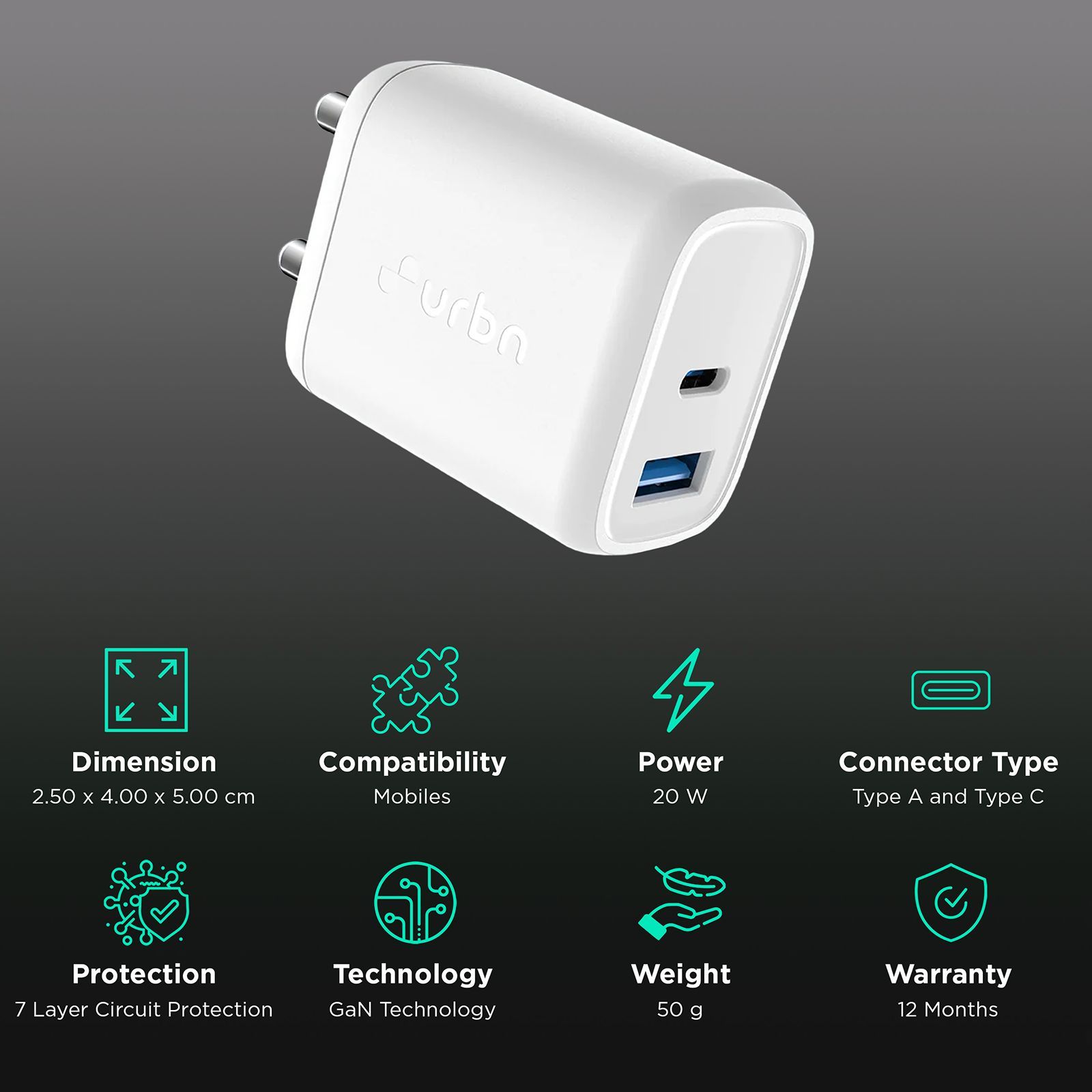 urbn UWA201WH1 20W Type A and Type C 2-Port Fast Charger (Adapter Only, GaN Technology, White) urbn UWA201WH1 20W Type A and Type C 2-Port Fast Charger (Adapter Only, GaN Technology, White)_2