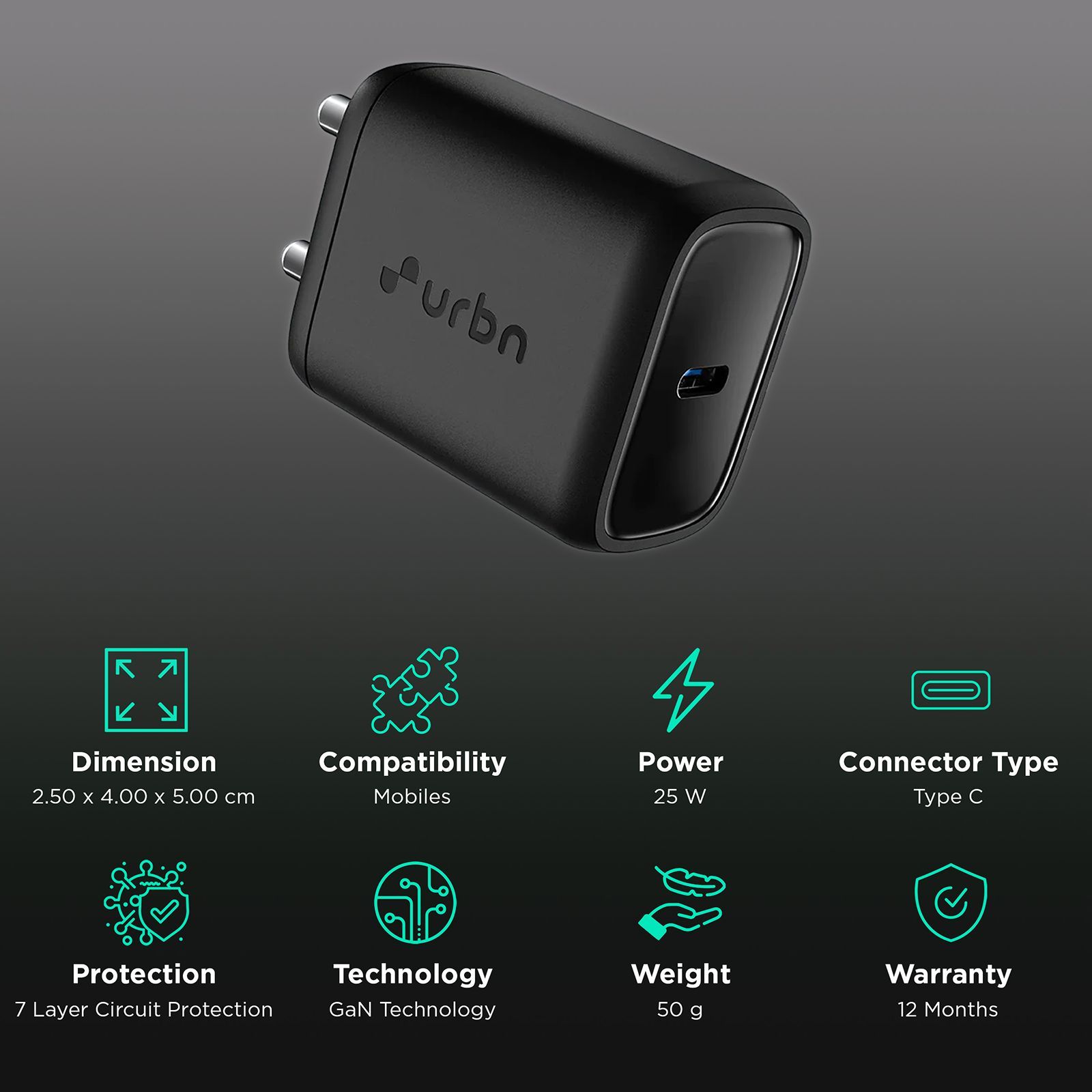 urbn UWA250BK 25W Type C Fast Charger (Adapter Only, GaN Technology, Black)_2