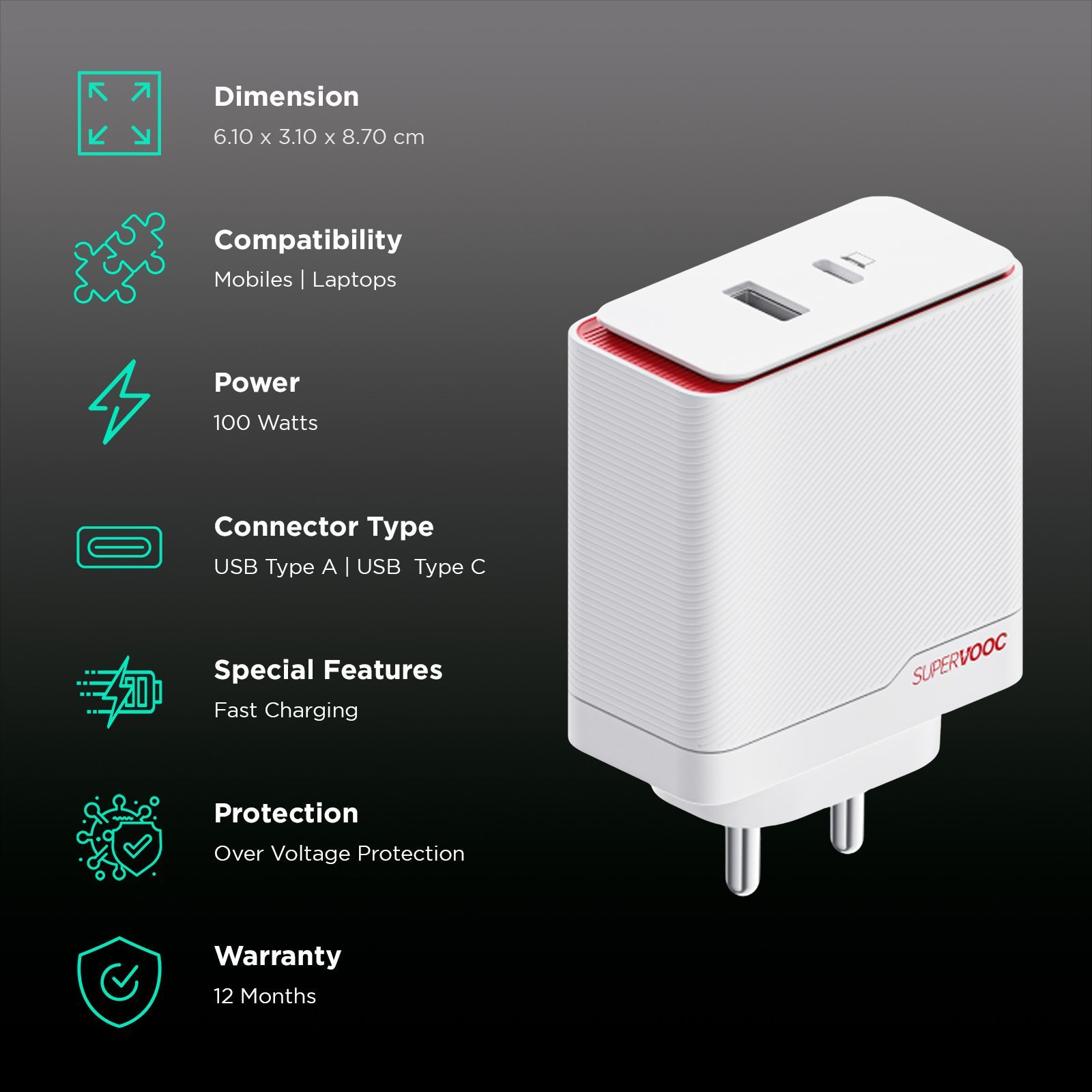 OnePlus SUPERVOOC 100W Type A and Type C 2-Port Fast Charger (Type C, Type A, SUPERVOOC, White) OnePlus SUPERVOOC 100W Type A and Type C 2-Port Fast Charger (Type C, Type A, SUPERVOOC, White)_2
