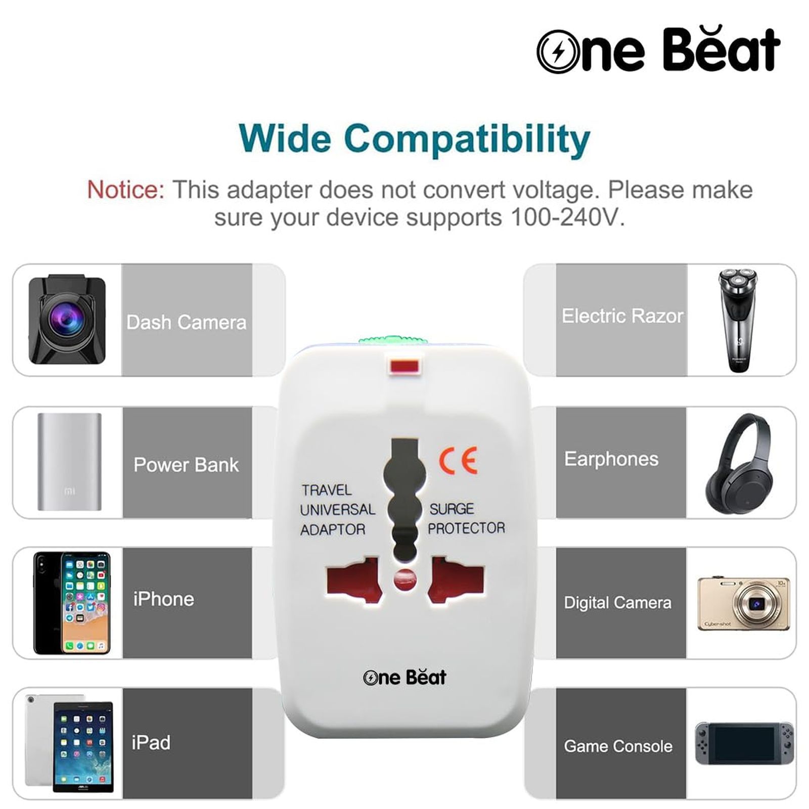 One Beat Travel Adapter (Built In Safety Shutters, OB201000, White)_4