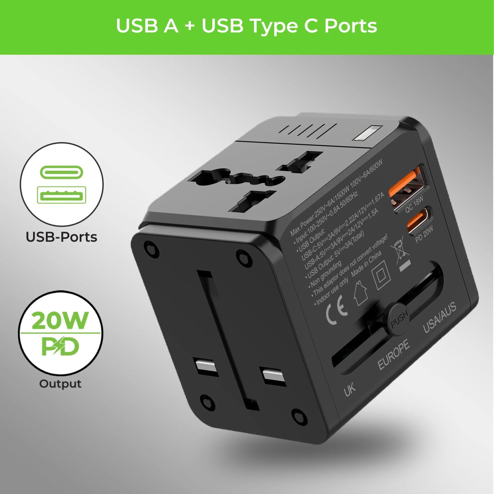 ultraprolink Travel Mate 4 Plugs Travel Adapter (With Dual USB Port, UM1189, Black)_3