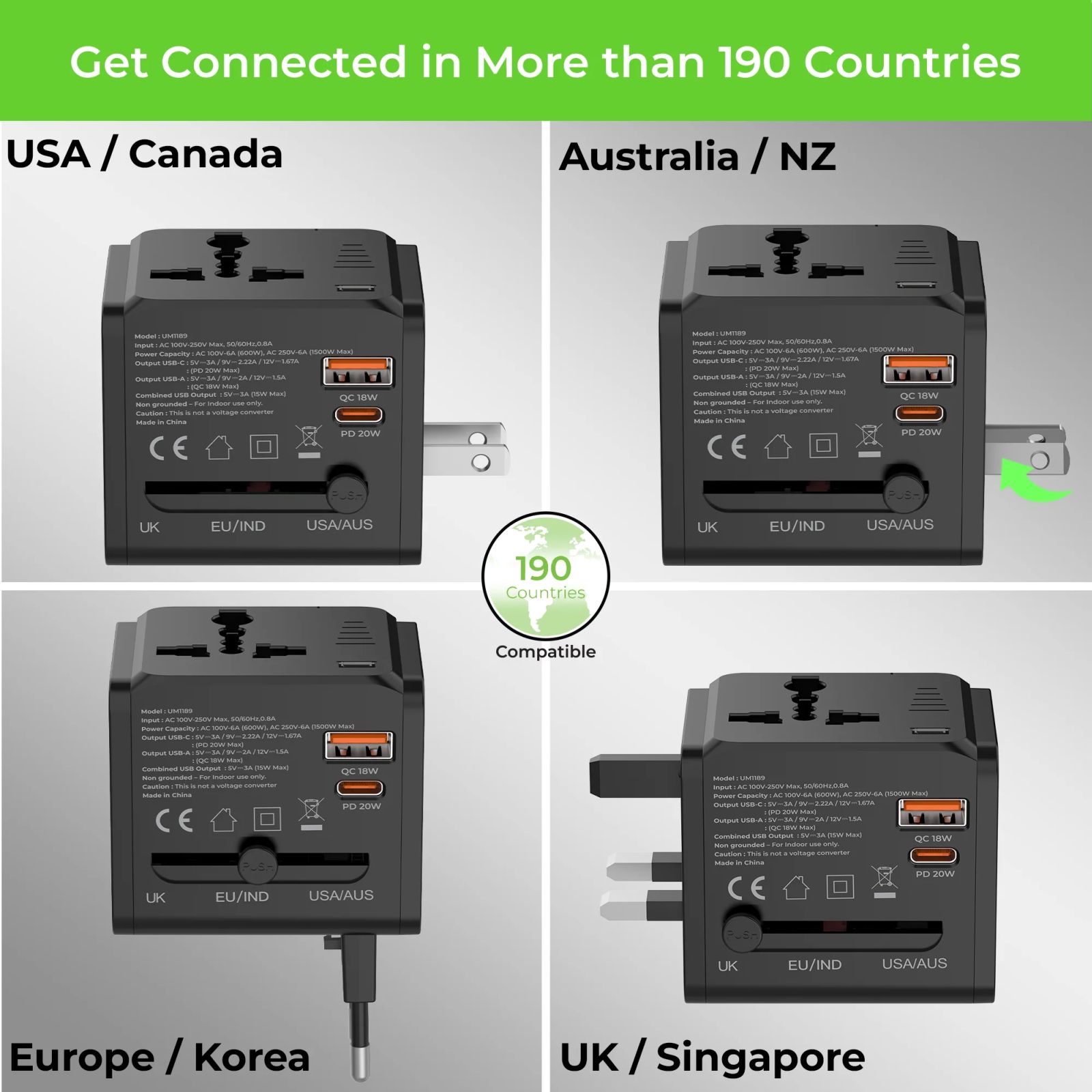 ultraprolink Travel Mate 4 Plugs Travel Adapter (With Dual USB Port, UM1189, Black)_4