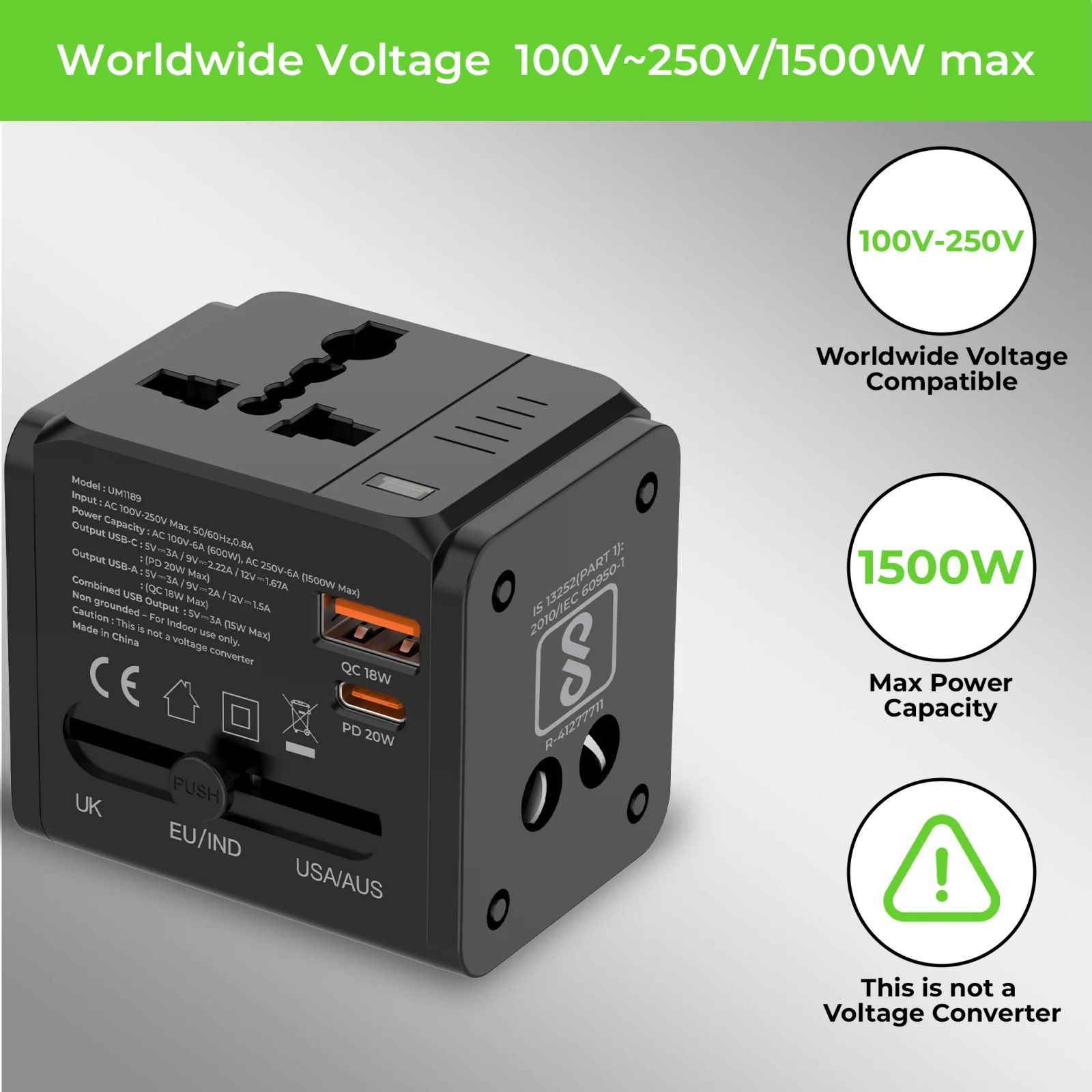 ultraprolink Travel Mate 4 Plugs Travel Adapter (With Dual USB Port, UM1189, Black)_5