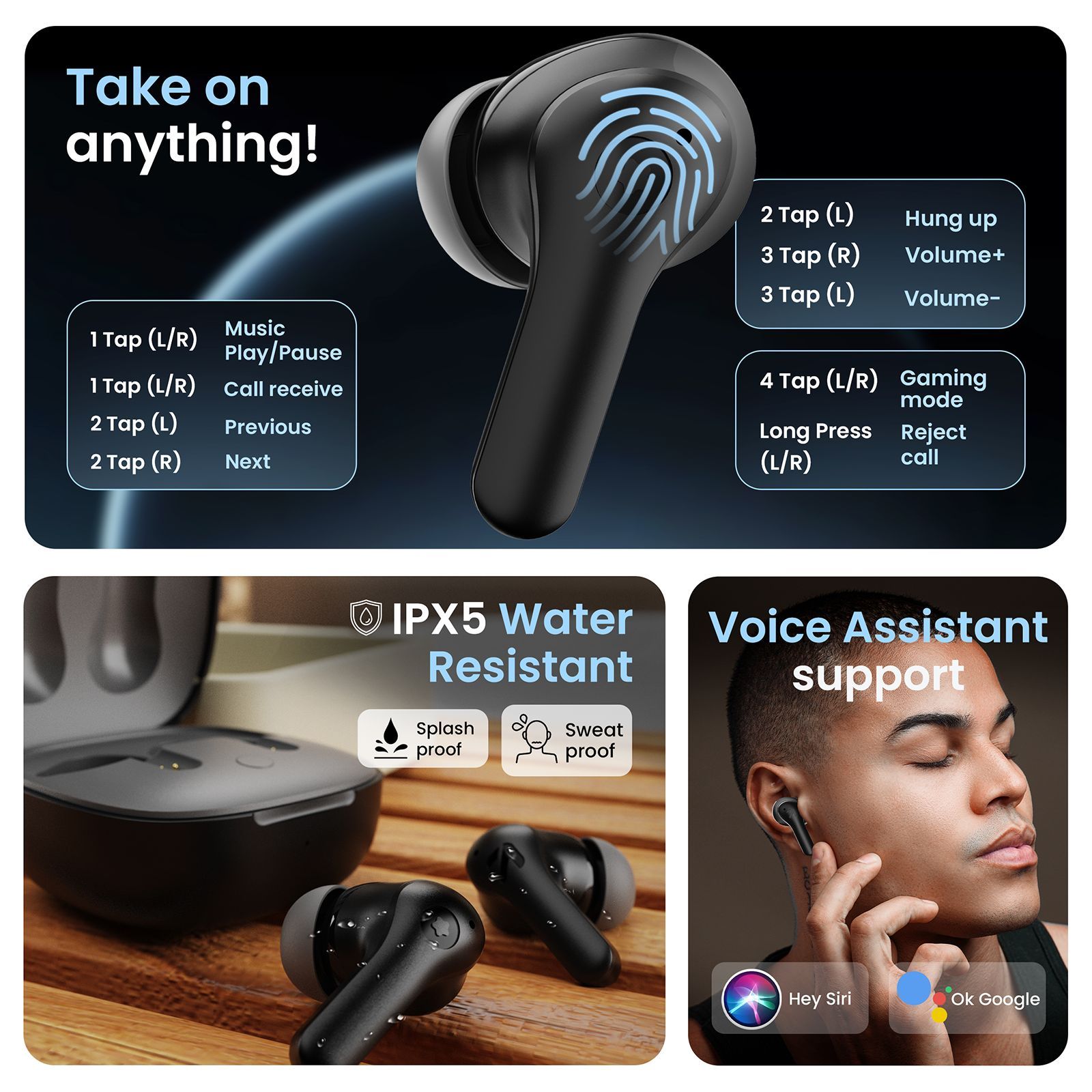 GOBOULT (formerly Boult) Cyborg TWS Earbuds with Environmental Noise Cancellation (IPX5 Water Resistant, Fast Charging, Pure Black)_6