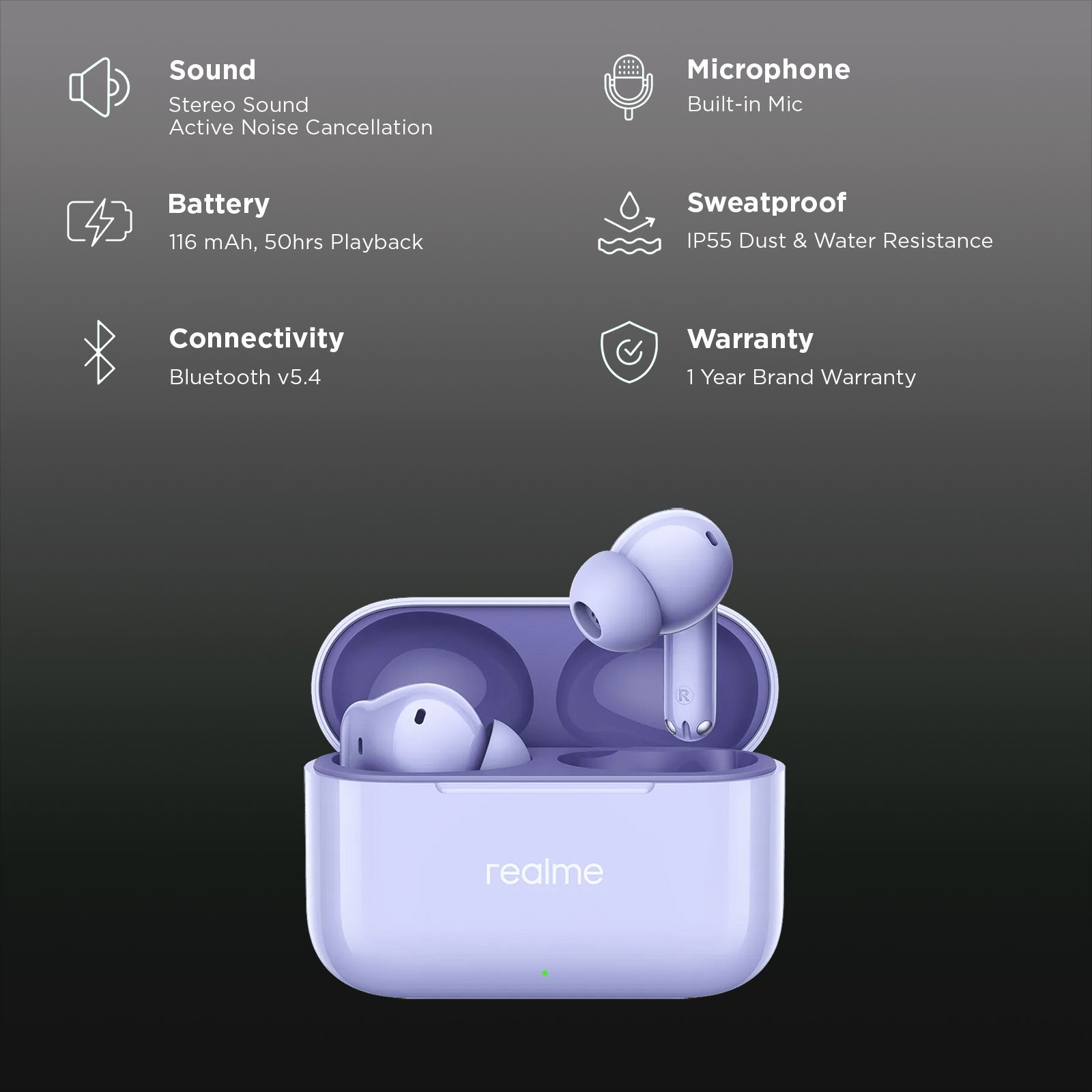 realme Buds T200 TWS Earbuds with Active Noise Cancellation (IP55 Water & Dust Resistant, Dual Device Connection 2.0, Dreamy Purple)_2
