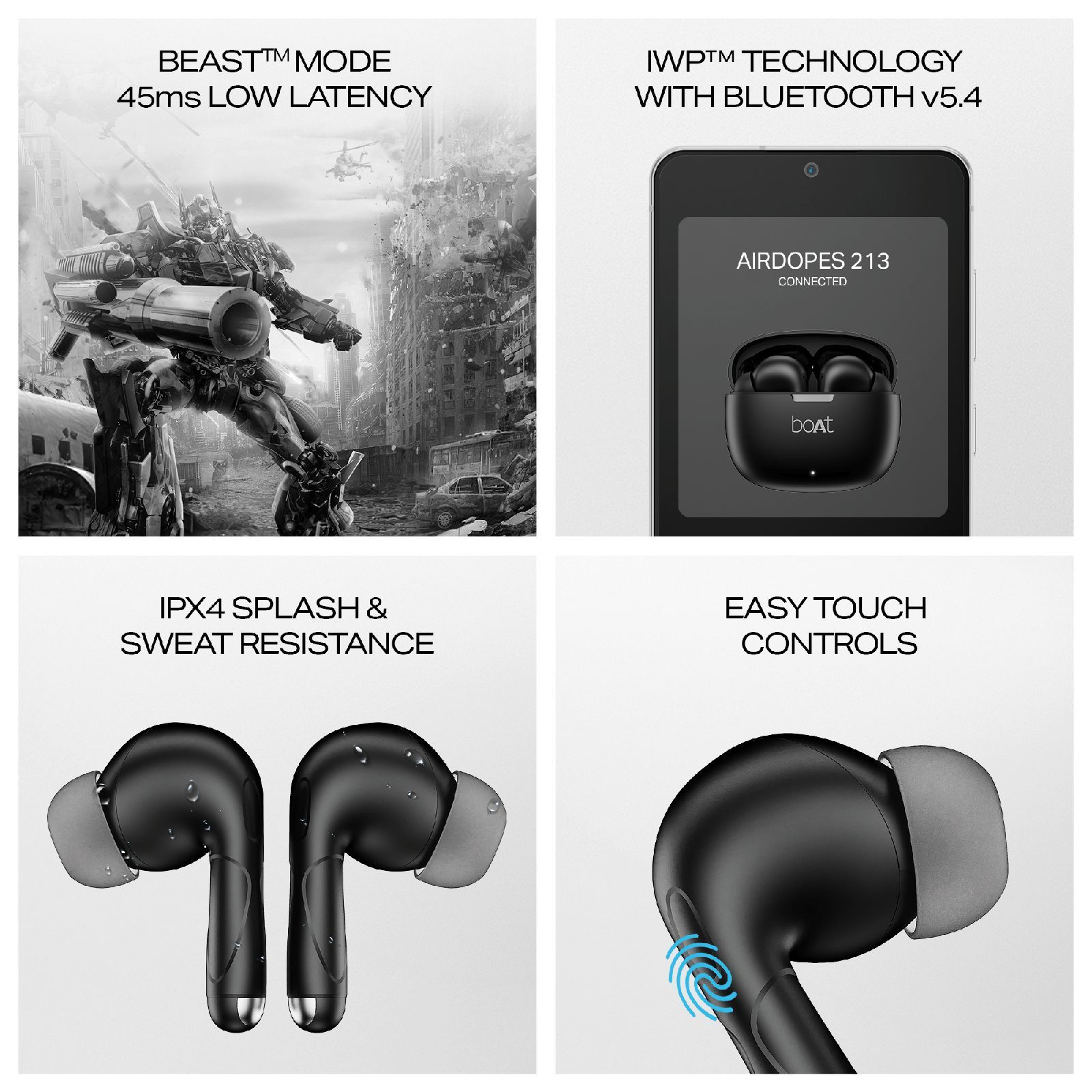 boAt Airdopes 213 PA0028 TWS Earbuds with Environmental Noise Cancellation (IPX4 Sweat & Splash Resistant, Insta Wake & Pair, Shadow Black)_6