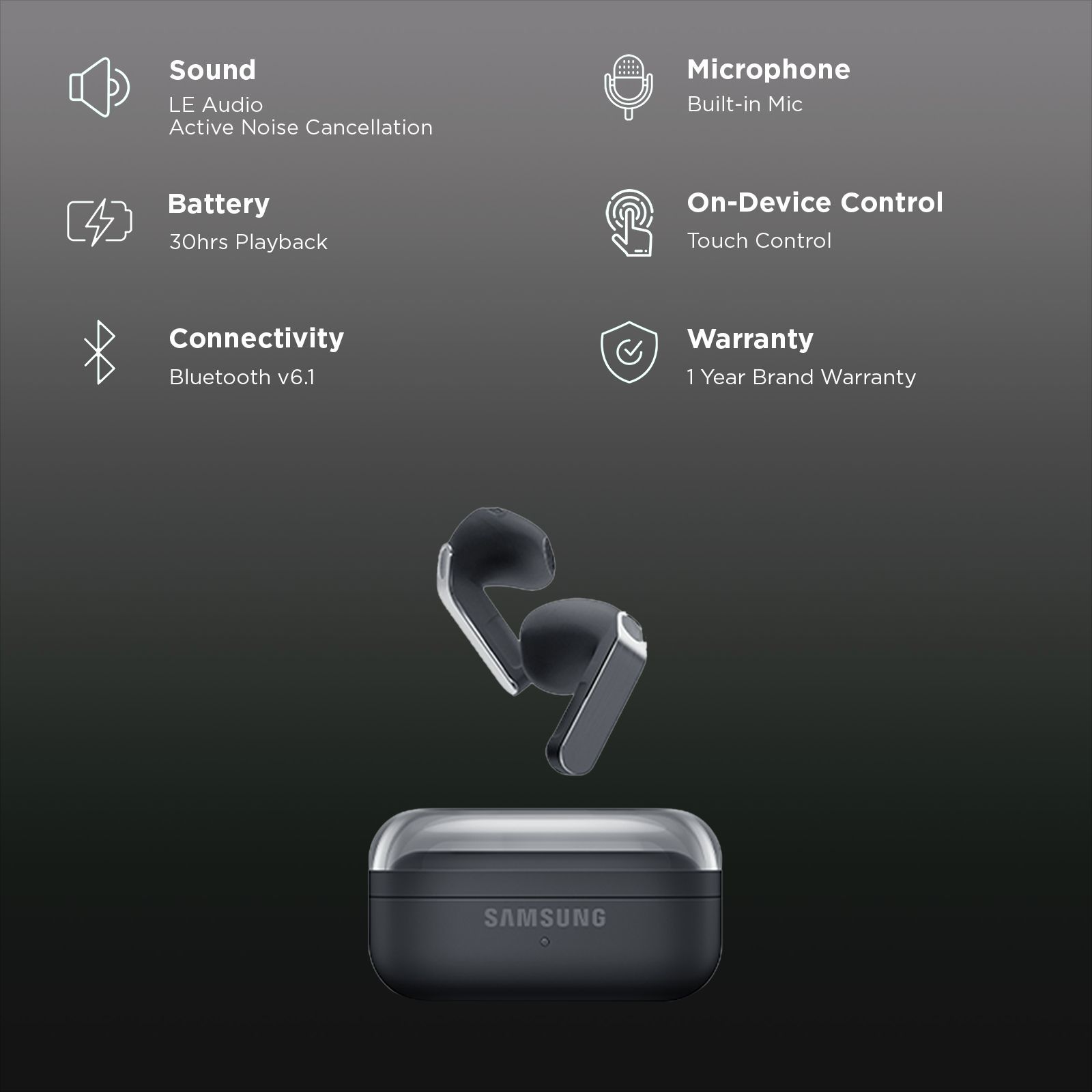 Samsung Galaxy Buds4 SM-R540NZKA TWS Earbuds with Active Noise Cancellation (360 Audio with Head Tracking, Black)_2