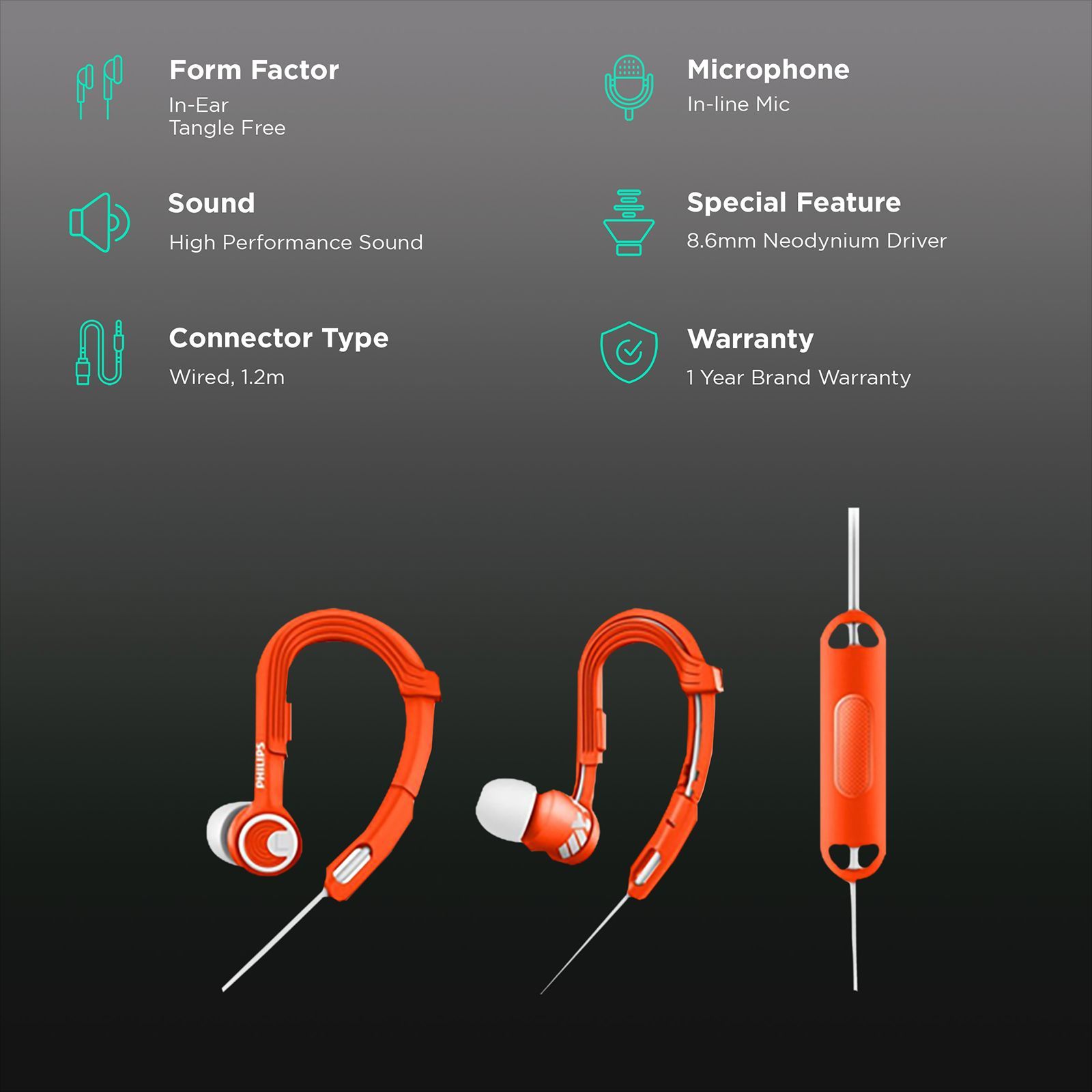 Philips ActionFit Sports In-Ear Wired Earphones with Mic (SHQ3305OR, Orange) Philips ActionFit Sports In-Ear Wired Earphones with Mic (SHQ3305OR, Orange)_2