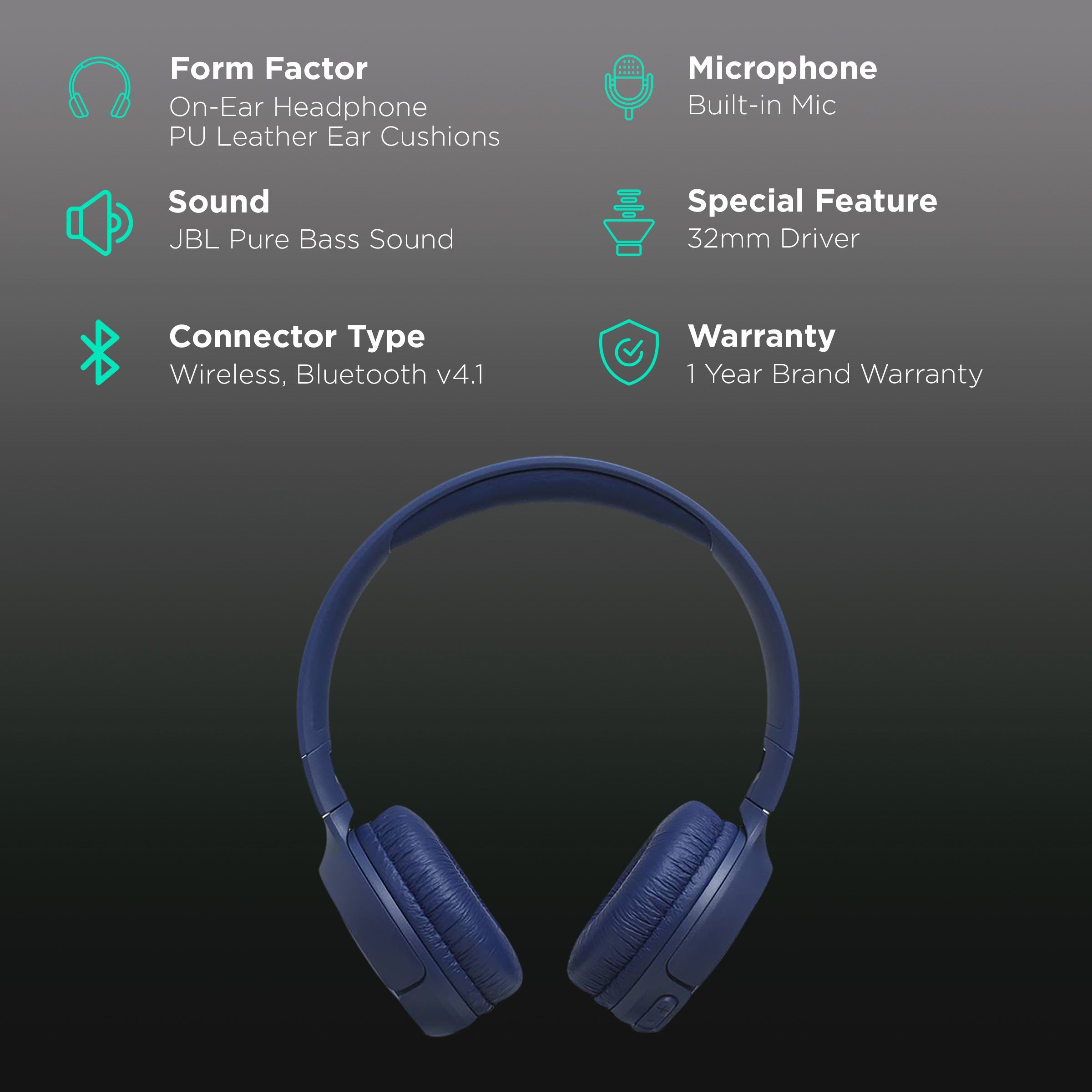 JBL Tune 500 JBLT500BTBLU Bluetooth Headphone with Mic (16 Hours Playback, On Ear, Blue)_2