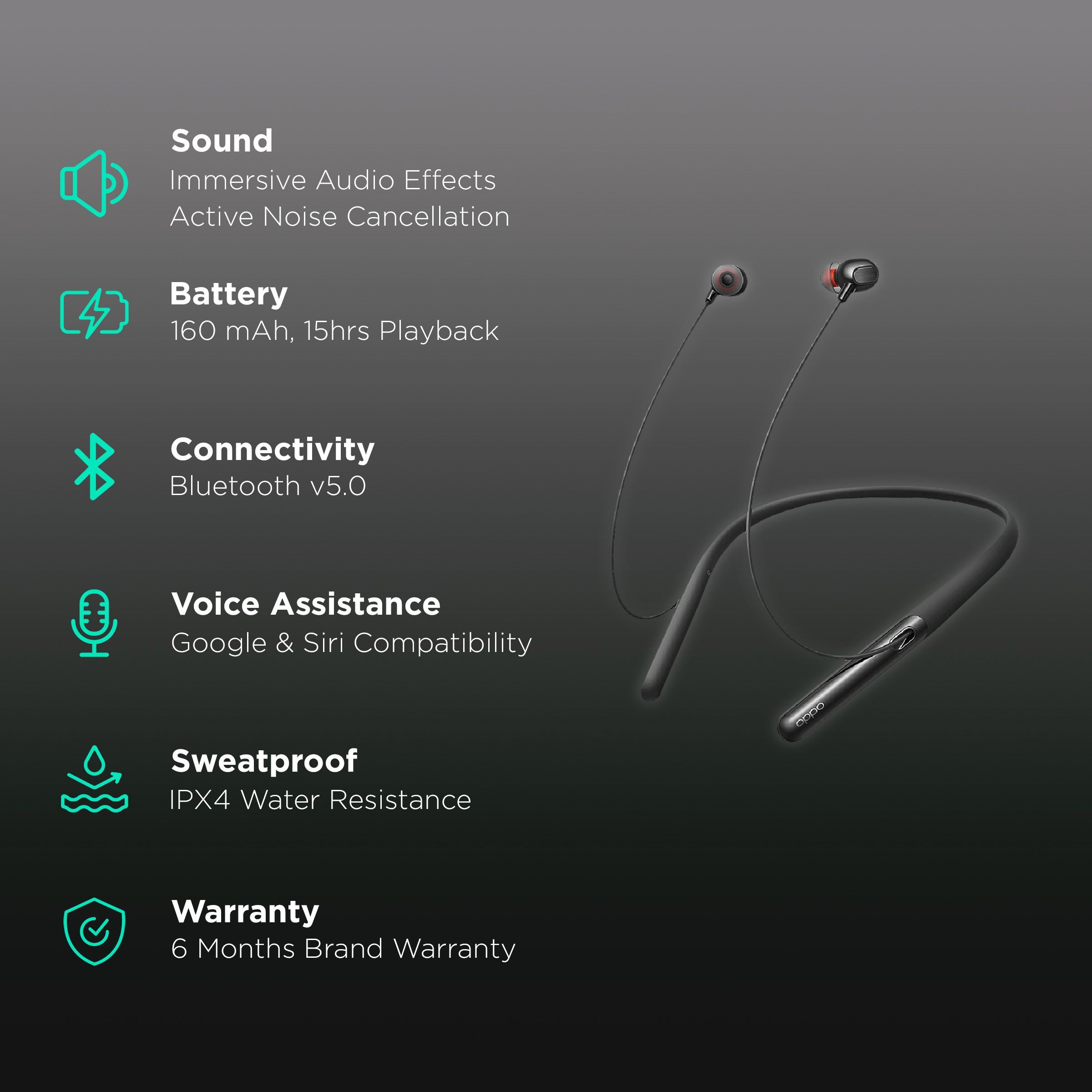 oppo Enco Q1 Neckband with Active Noise Cancellation (IPX4 Water Resistant, 15 Hours Playtime, Midnight Black)_2