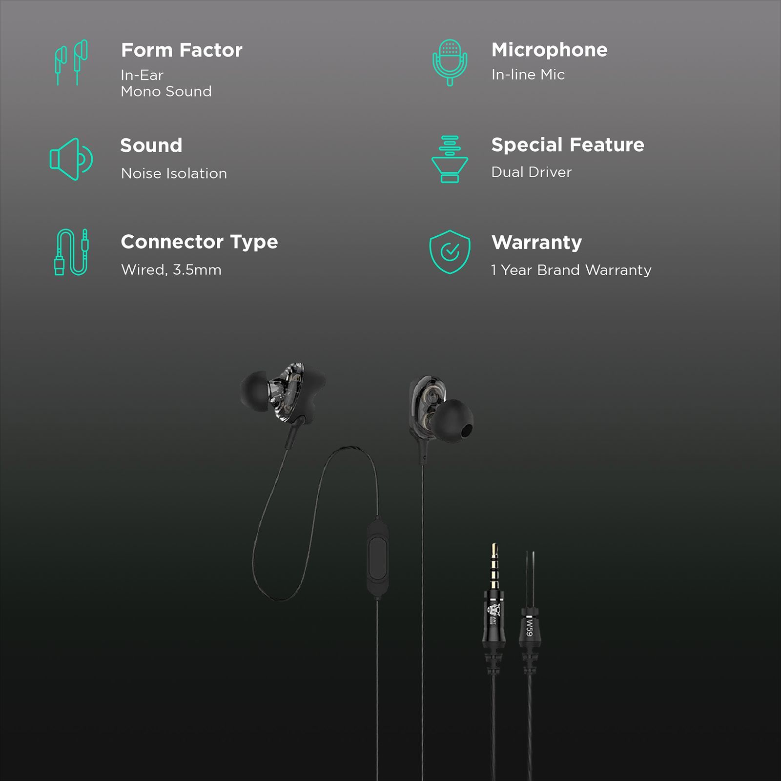 ANT AUDIO W59 Wired Earphones with Mic (In-Ear, Black)_2