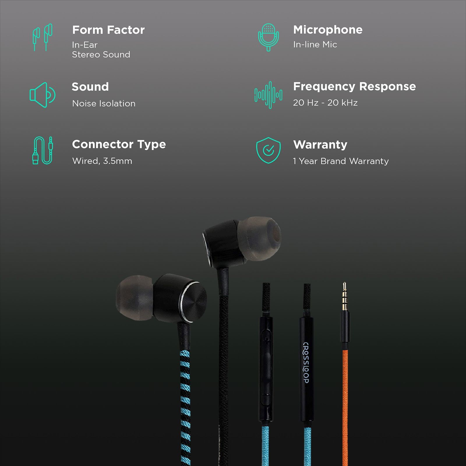 CROSSLOOP Pro CSLE012-E Wired Earphone with Mic ( In-Ear, Orange/Blue )_2