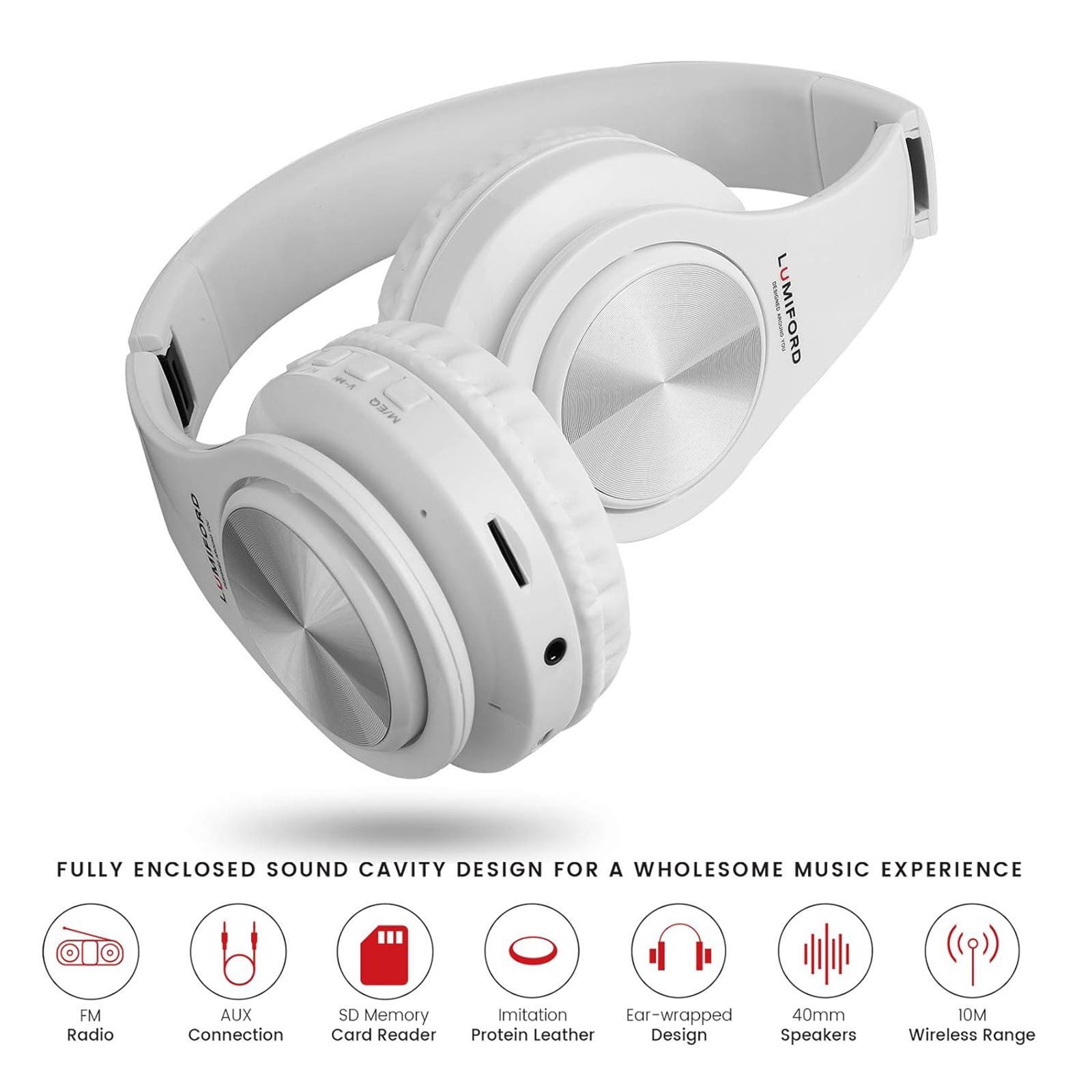 LUMIFORD Long Drive HD95 Bluetooth Headphone with Mic (Over-Ear, White)_8
