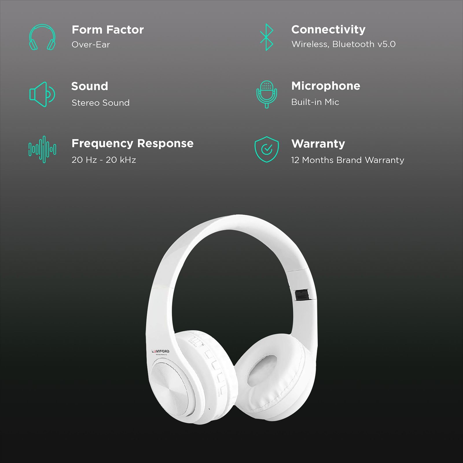 LUMIFORD Long Drive HD95 Bluetooth Headphone with Mic (Over-Ear, White)_2