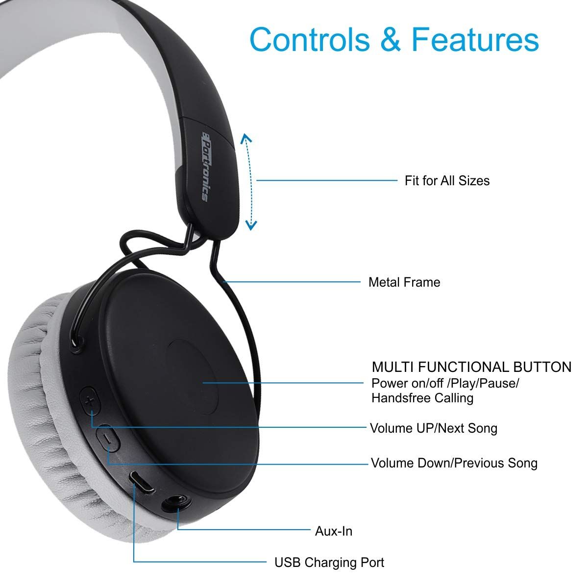 PORTRONICS Muffs M POR 317 Bluetooth Headphone with Mic (IPX4 Water Resistant, On Ear, Black)_5