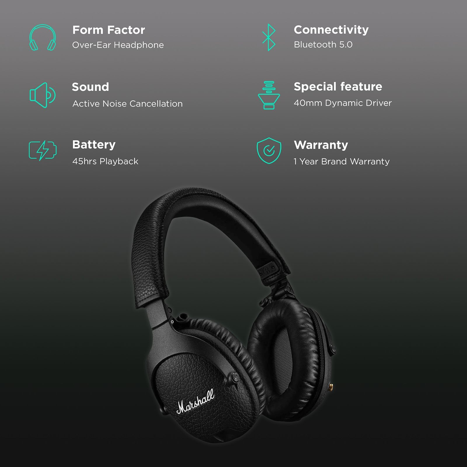 Marshall Monitor II MS-MNTRANCBT Bluetooth Headphone with Mic (Multi-directional Control Knob, Over Ear, Black)_2