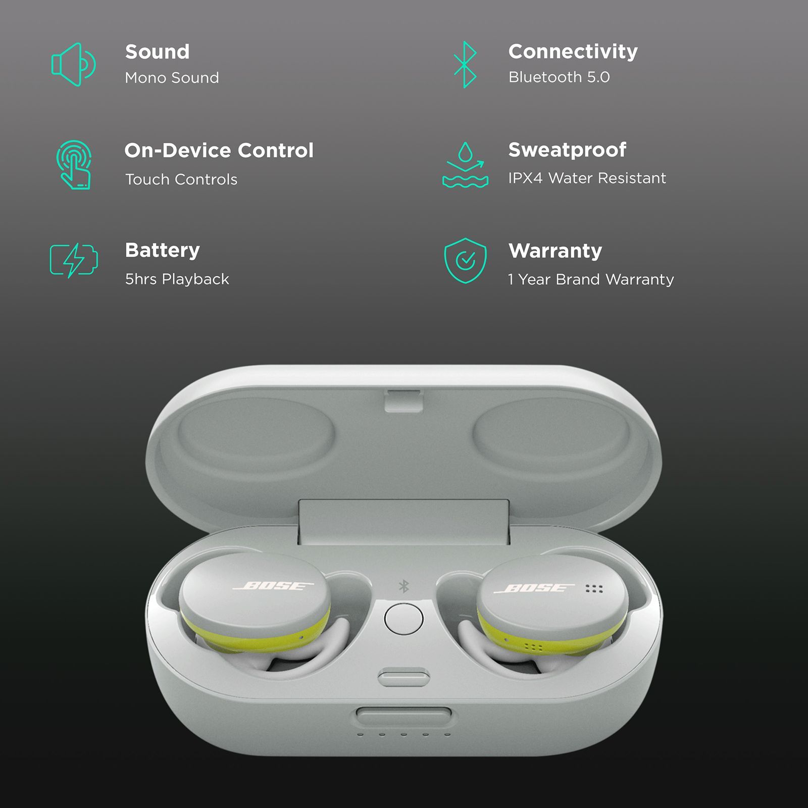 BOSE Sport 805746-0030 TWS Earbuds with Active Noise Cancellation (IPX4 Sweat & Weather Resistant, Touch Control, Glacier White)_2