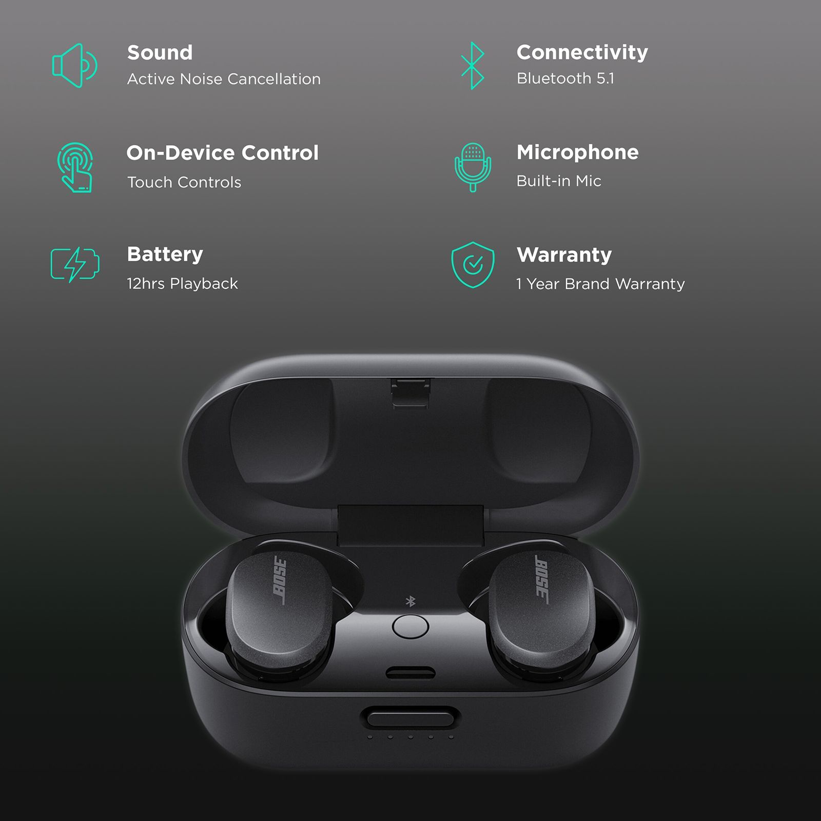 BOSE QuietComfort 831262-0010 TWS Earbuds with Active Noise Cancellation (IPX4 Water Resistant, Touch Control, Triple Black)_2