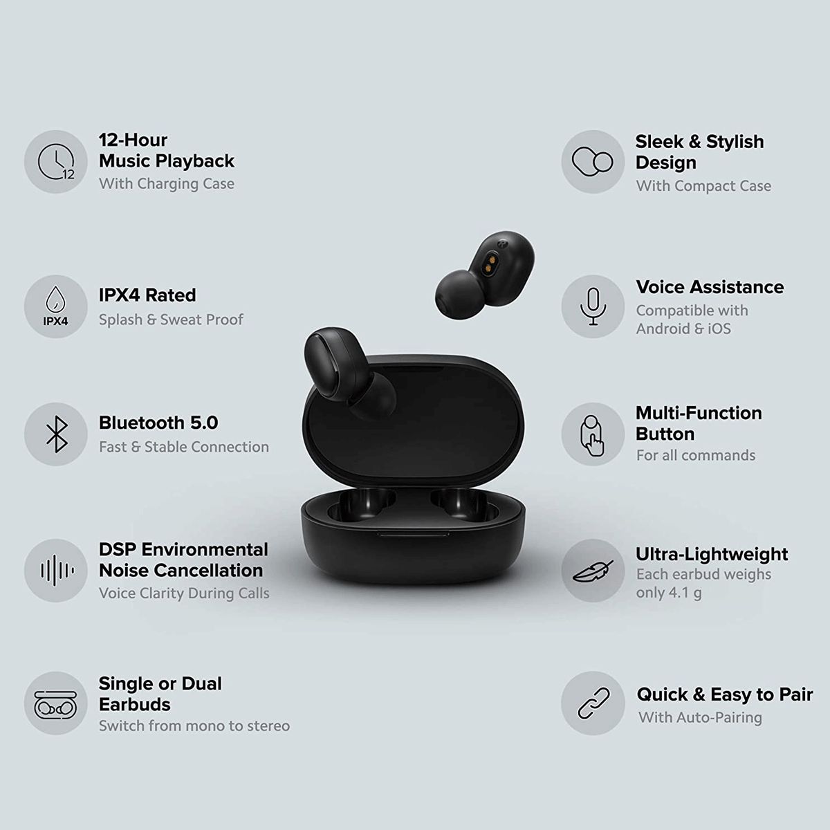 Redmi 2C BHR4637IN TWS Earbuds with Environmental Noise Cancellation (IPX4 Splash & Sweatproof Resistant, 12 Hours Playback, Black)_9