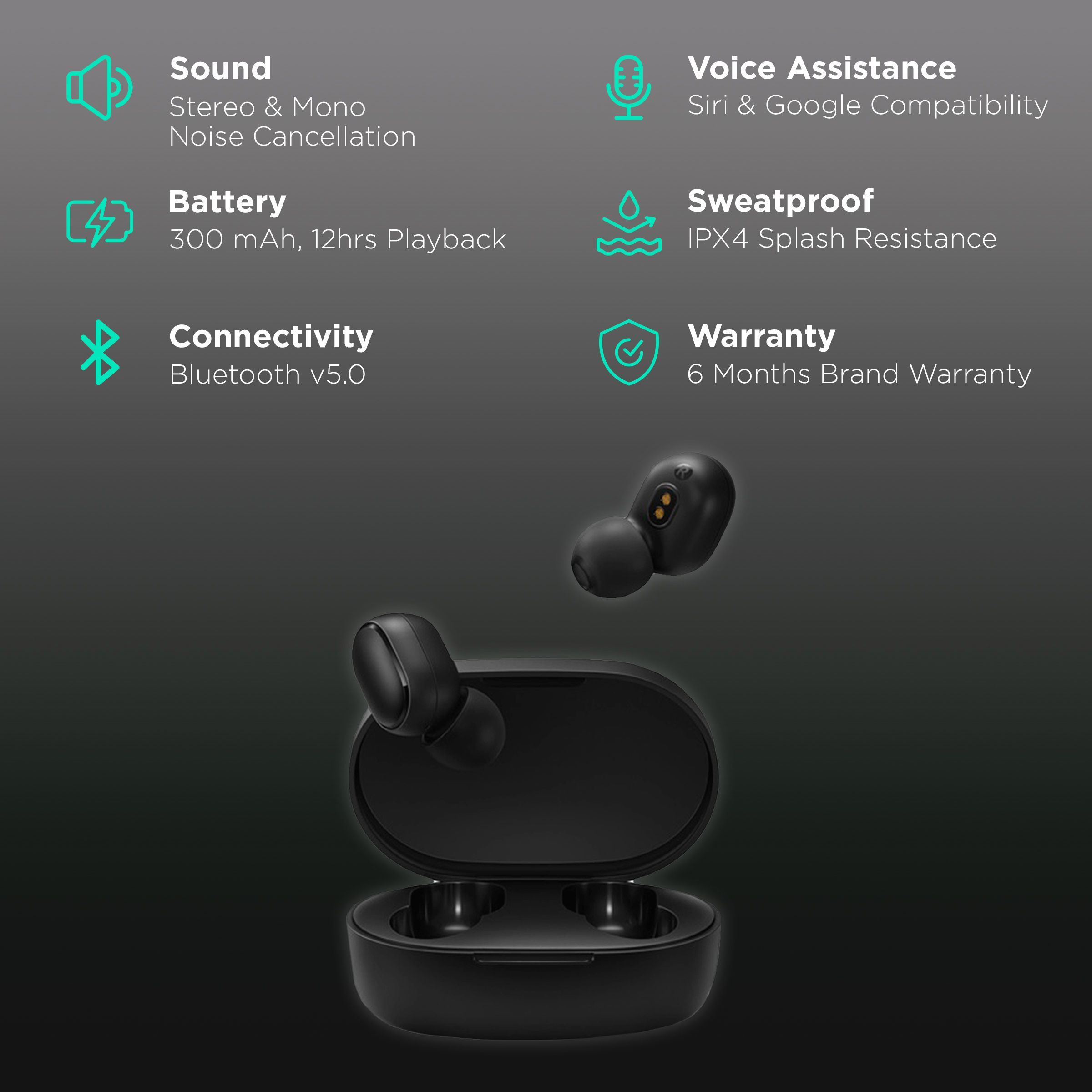 Redmi 2C BHR4637IN TWS Earbuds with Environmental Noise Cancellation (IPX4 Splash & Sweatproof Resistant, 12 Hours Playback, Black)_2