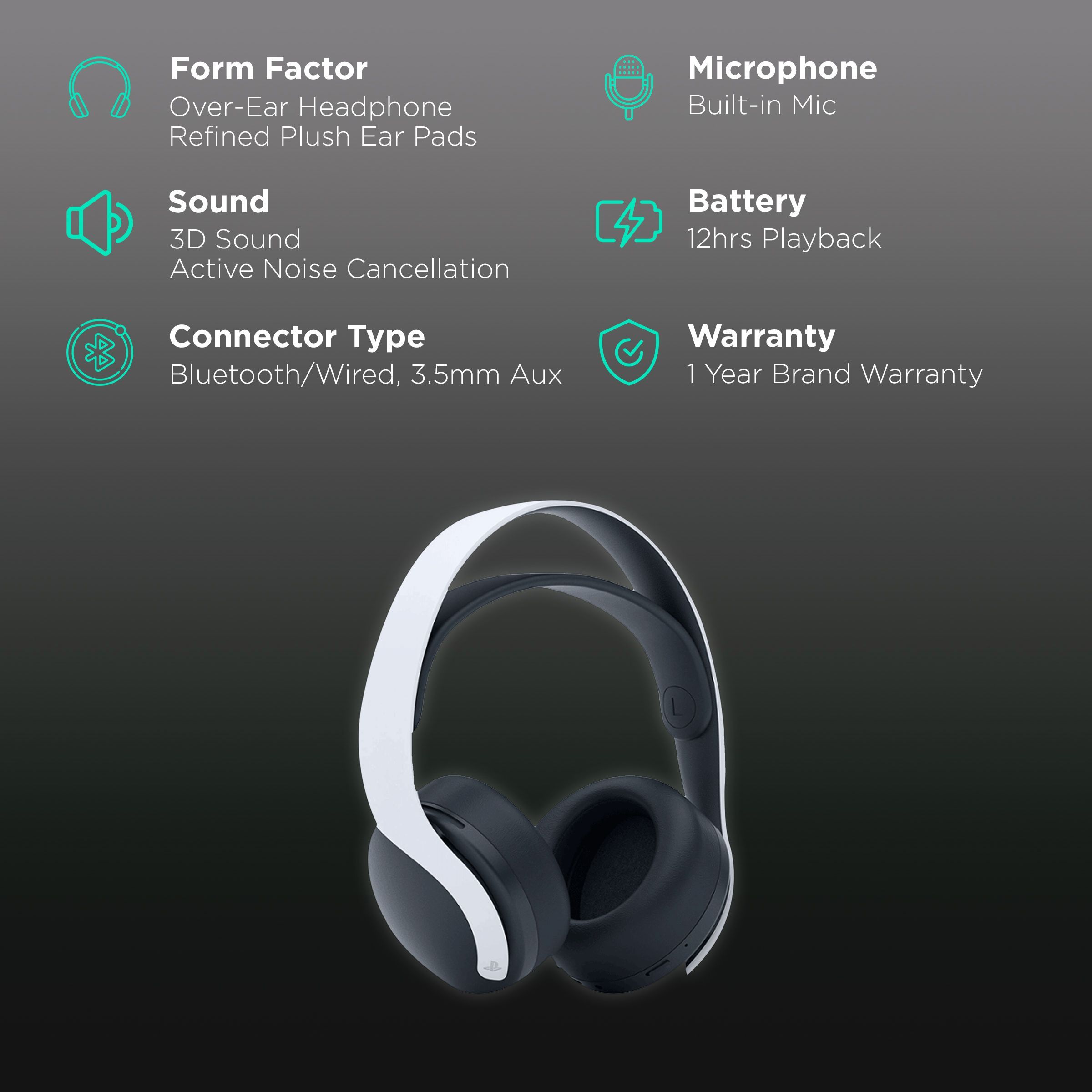 SONY Pulse 3D CFI-ZWH1E Bluetooth Gaming Headset with Active Noise Cancellation (12 Hours Playtime, Over Ear, White)_2