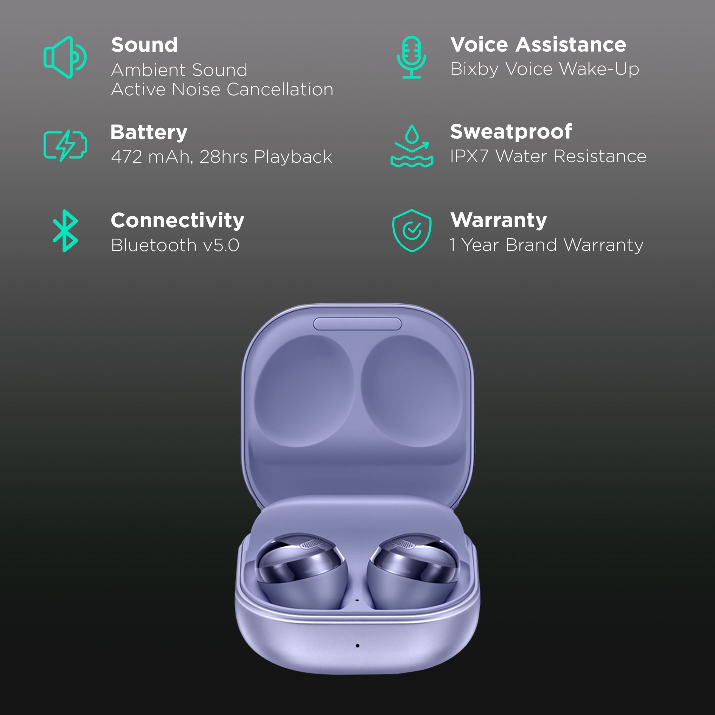SAMSUNG Galaxy Buds Pro SM-R190NZVAINU TWS Earbuds with Active Noise Cancellation (Sweat & Water Resistant, 28 Hours Playback, Phantom Violet)_2