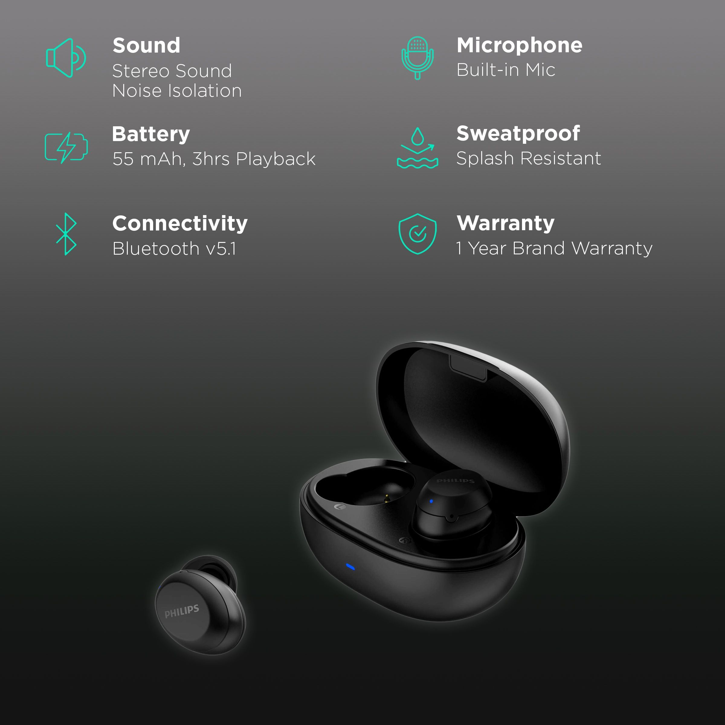 PHILIPS TAT1235BK/97 TWS Earbuds (Splash Resistant, Echo Cancellation, Black) PHILIPS TAT1235BK/97 TWS Earbuds (Splash Resistant, Echo Cancellation, Black)_2