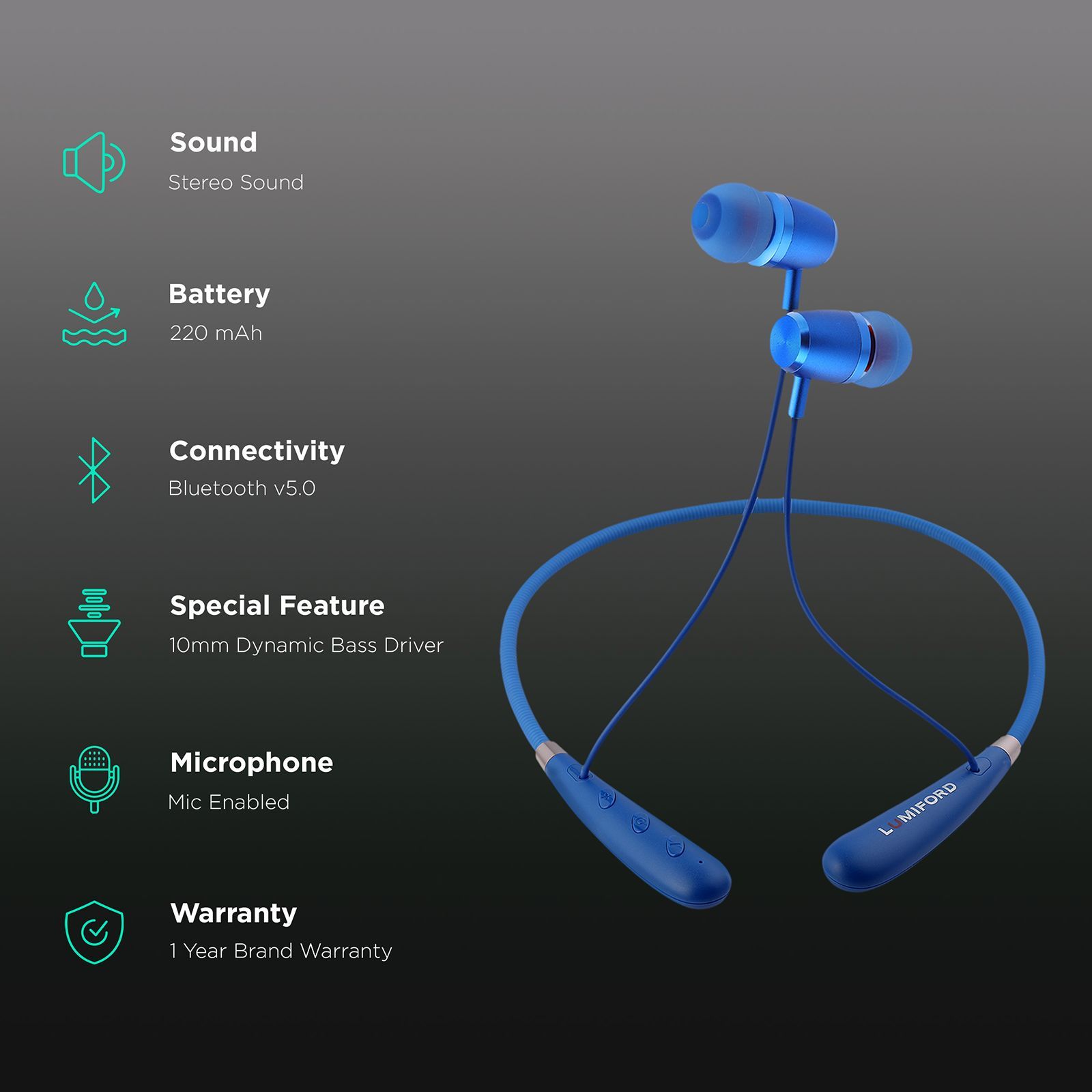 LUMIFORD XploriaHD XP60 Neckband with Passive Noise Cancellation (IPX5 Splashproof & Water Resistant, Multi Functional Button, Blue)_2