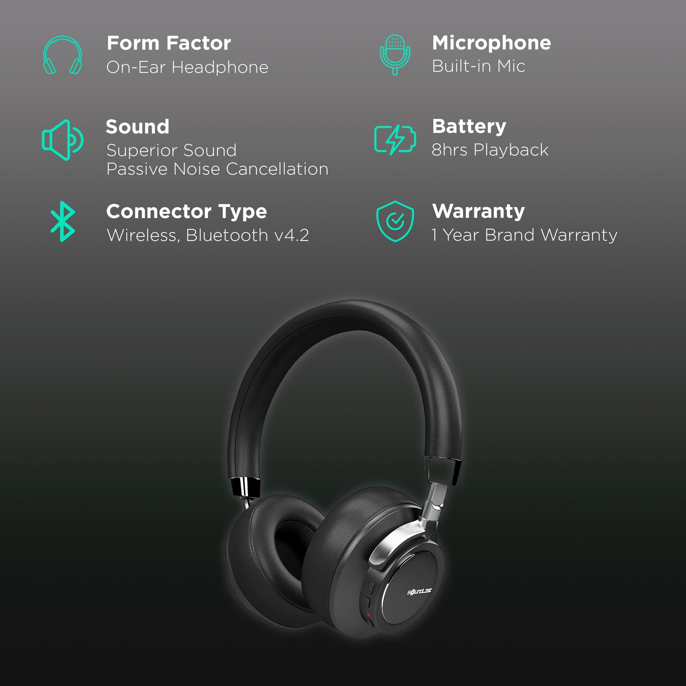 soundLOGIC BEB012PX Bluetooth Headphone with Mic (Passive Cancellation, On Ear, Black)_2