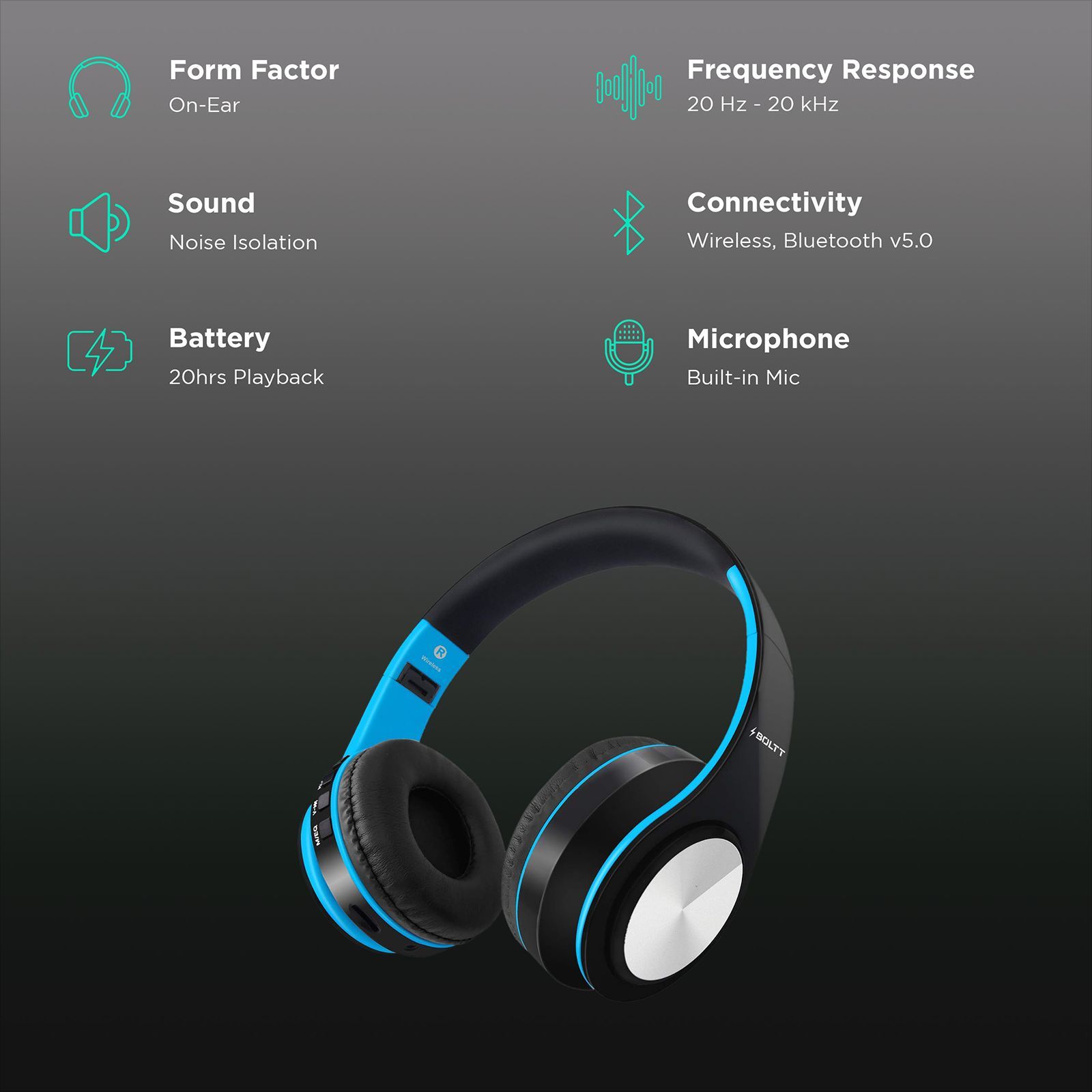 FIRE-BOLTT BH1001 BH1000 On-Ear Noise Isolation Wireless Headphone with Mic (Bluetooth 5.0, Exceptional Sound with Great Bass, Blue)_2