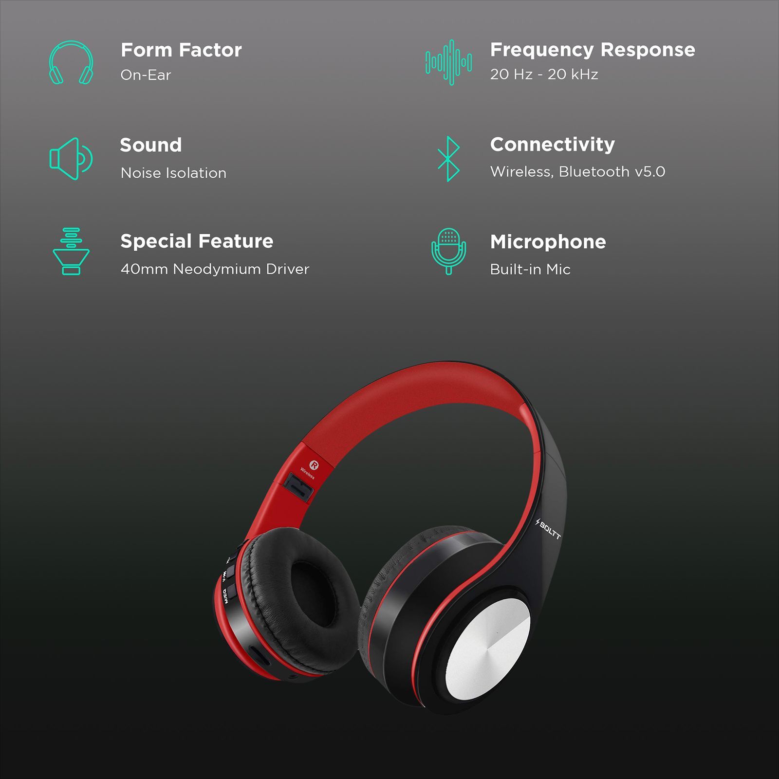 FIRE-BOLTT BH1001 BH1000 On-Ear Noise Isolation Wireless Headphone with Mic (Bluetooth 5.0, Exceptional Sound with Great Bass, Red) FIRE-BOLTT BH1001 BH1000 On-Ear Noise Isolation Wireless Headphone with Mic (Bluetooth 5.0, Exceptional Sound with Great Bass, Red)_2