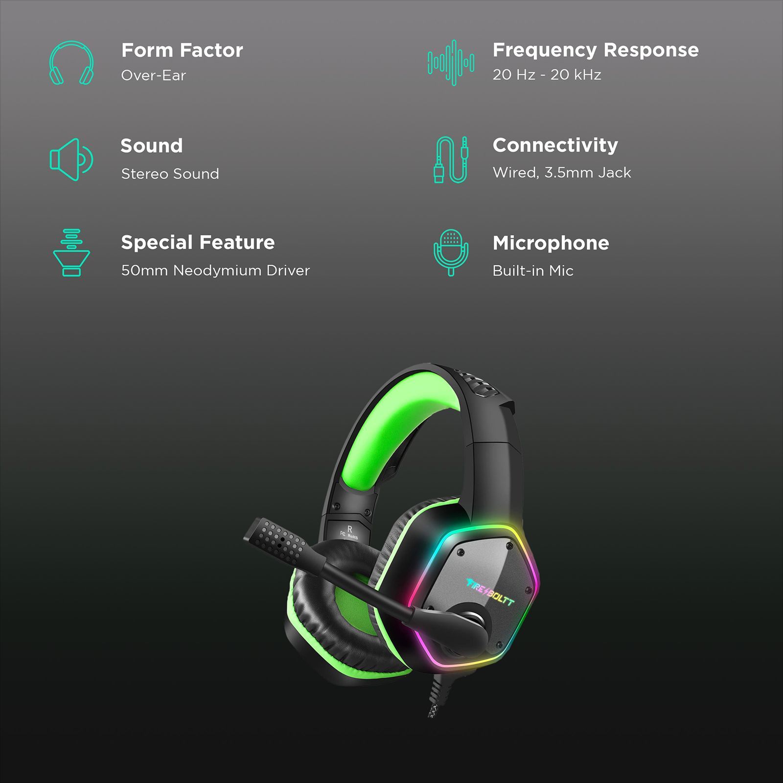 FIRE-BOLTT 13BGHAAY#1 BGH1300 Wired Headphone with Mic ( Over-Ear, Lime )_2