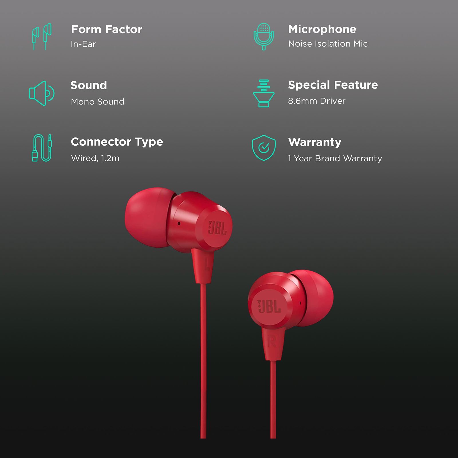 JBL JBLT50HIREDIN In-Ear Wired Earphone with Mic (Lightweight and Comfortable, Red) JBL JBLT50HIREDIN In-Ear Wired Earphone with Mic (Lightweight and Comfortable, Red)_2