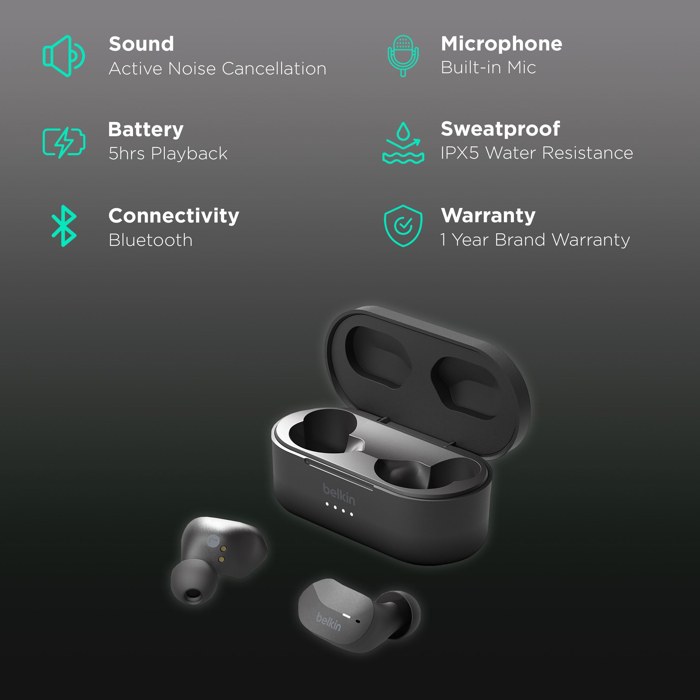 belkin Soundform AUC001BTBK TWS Earbuds with Active Noise Cancellation (IPX5 Sweat & Water Resistant, 19 Hours Playback, Black)_2