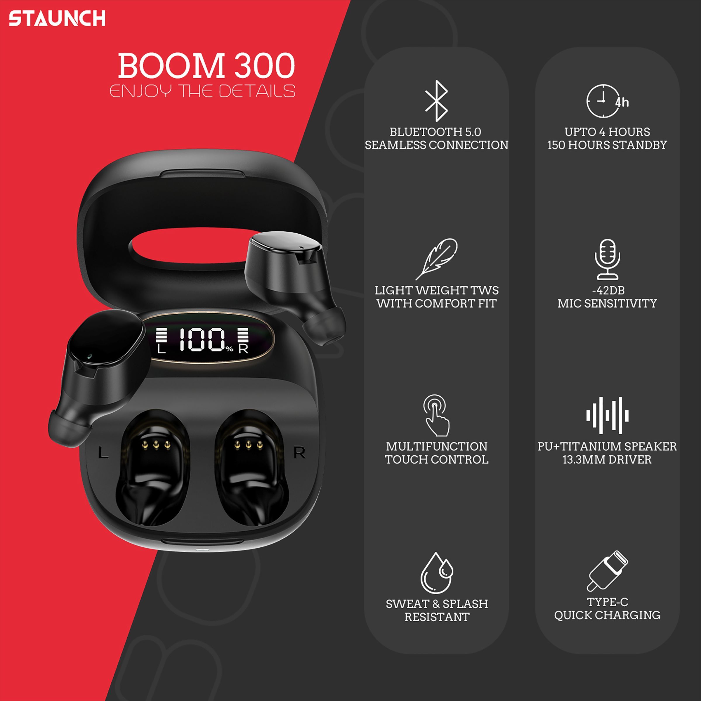 STAUNCH Boom 300 TWS Earbuds with Active Noise Cancellation (Sweatproof & Water Resistant, 20 Hours Playback, Black)_7